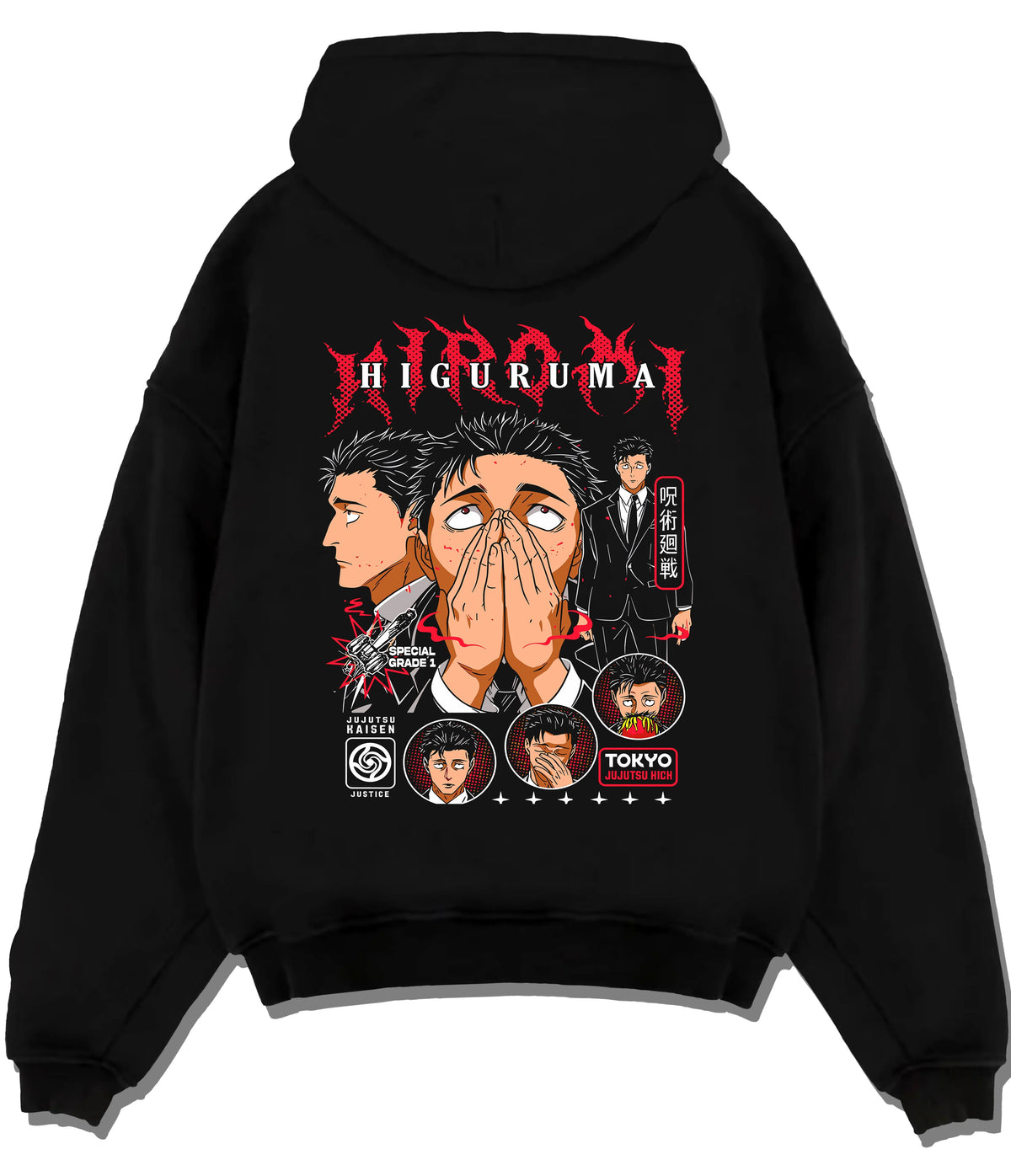 Black hoodie flat back view showing Hiromi Higuruma from Jujutsu Kaisen: courtroom manga portrait
