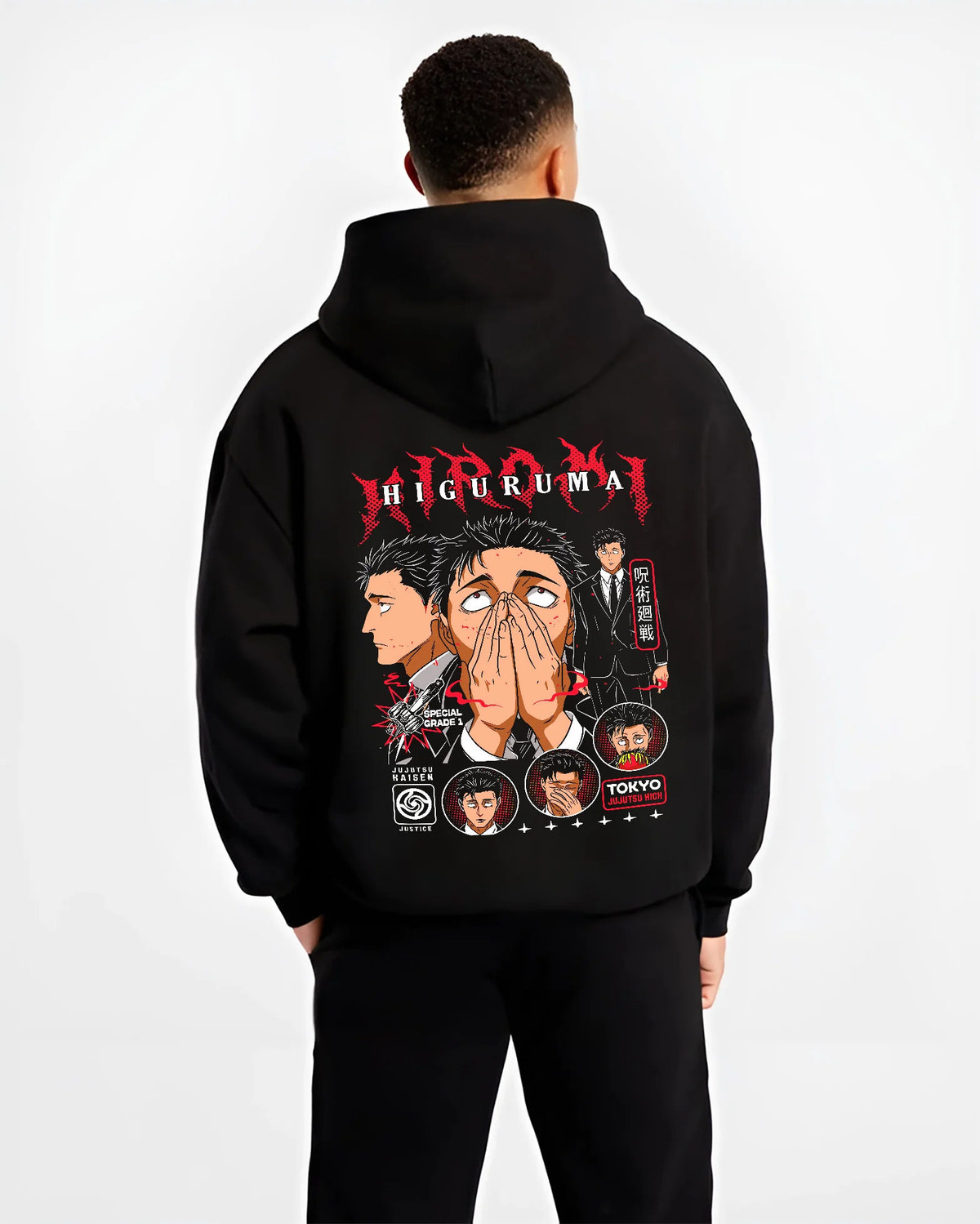 Black hoodie model back view showing Hiromi Higuruma from Jujutsu Kaisen: courtroom manga portrait