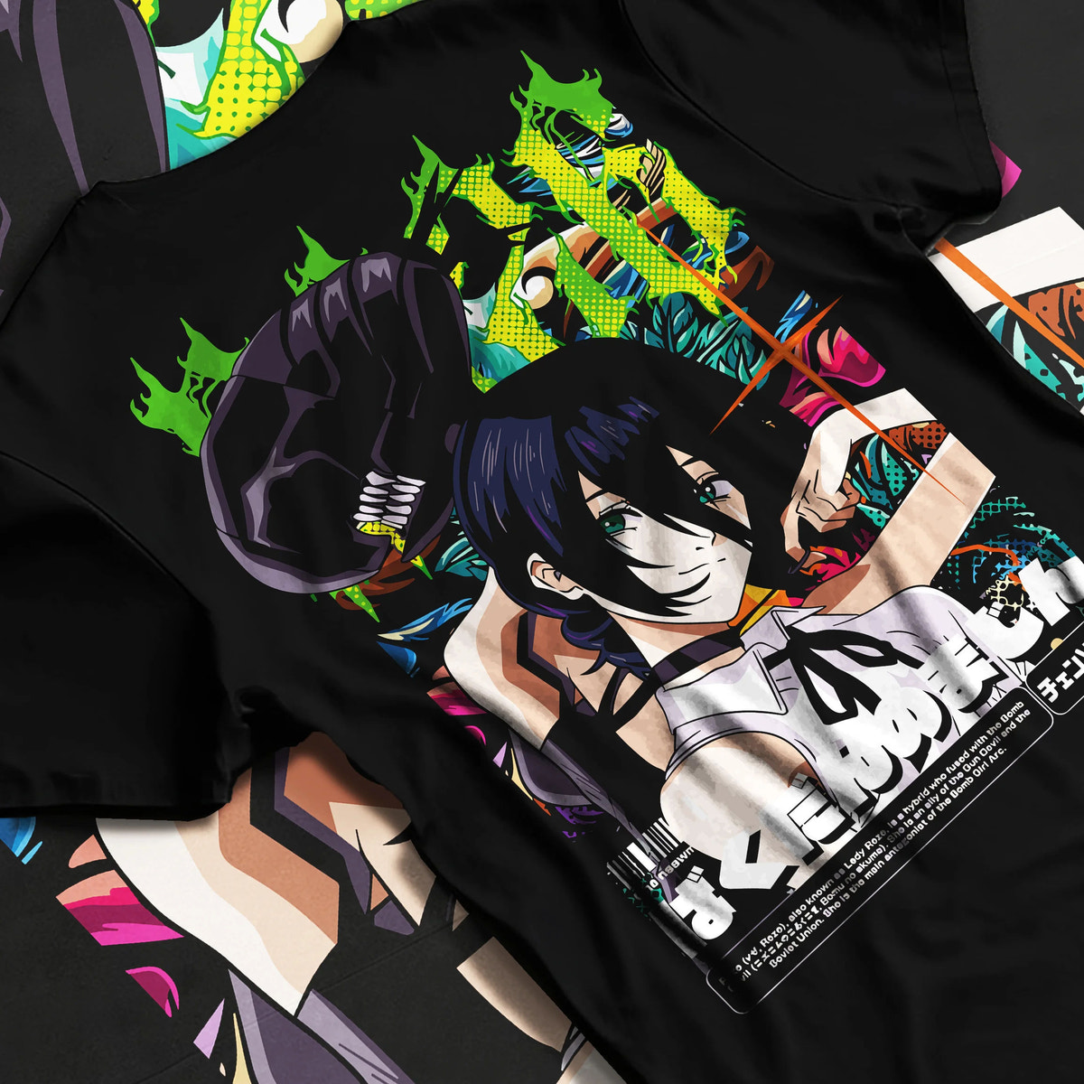 Reze from Chainsaw Man in Bomb Girl manga-style artwork on graphic T-shirt flat lay