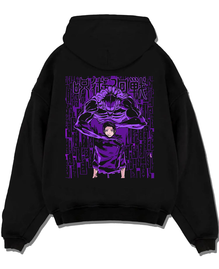 Black pullover hoodie laid flat with Jujutsu Kaisen Hoodie Toge Inumaki Cursed Speech Jumper graphic streetwear graphic.