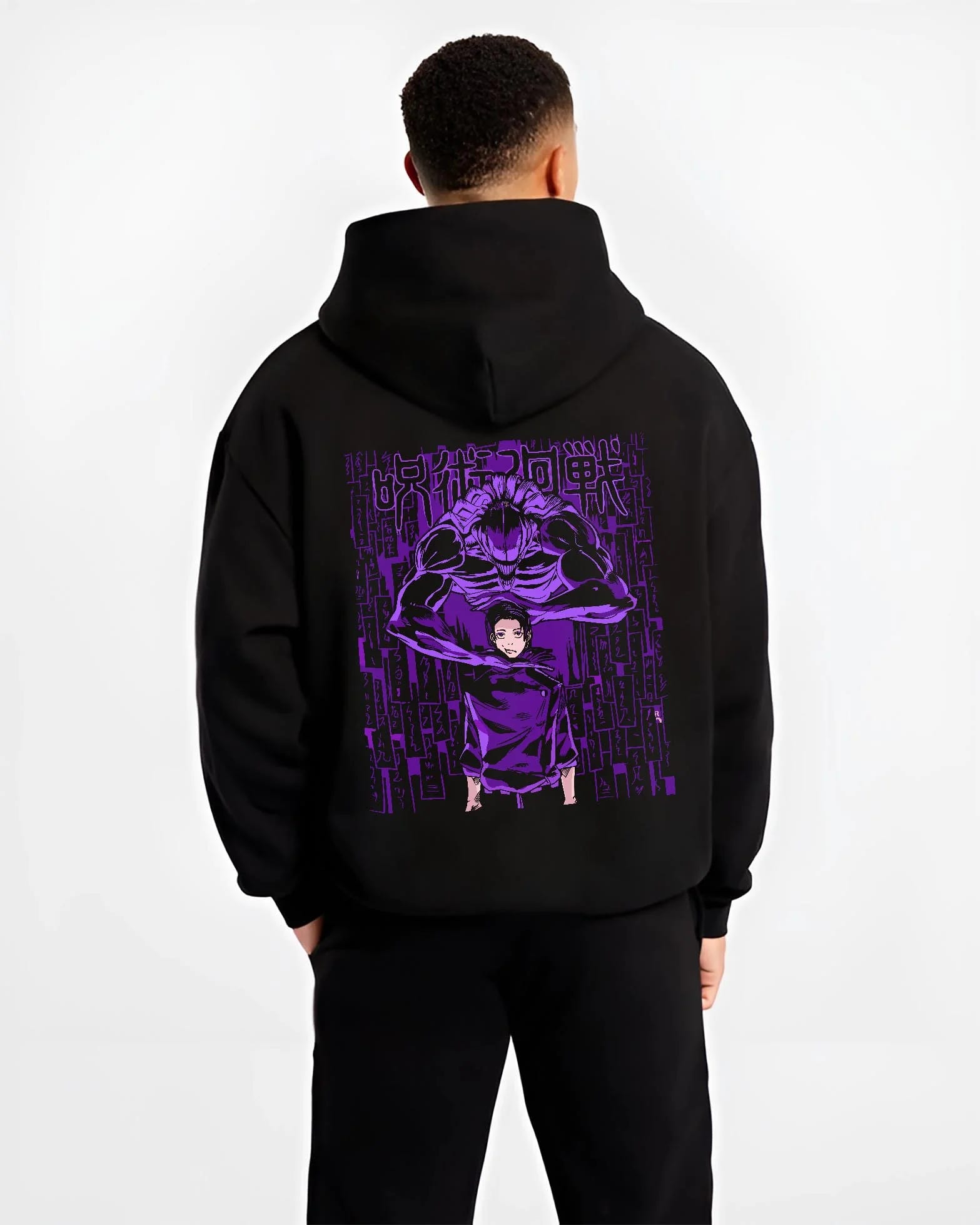 Black hoodie worn by male model, back view with Jujutsu Kaisen Hoodie Toge Inumaki Cursed Speech Jumper graphic premium wear.