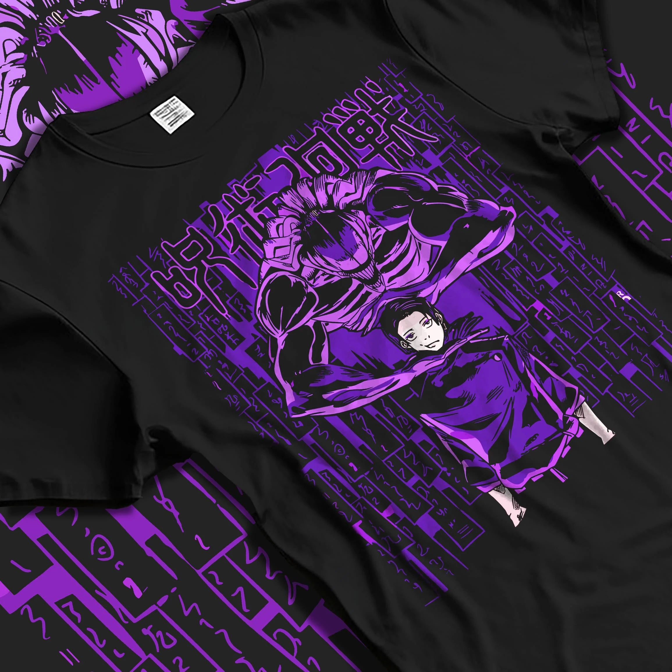 Black T-shirt laid flat with natural folds with Jujutsu Kaisen Hoodie Toge Inumaki Cursed Speech Jumper graphic streetwear graphic.