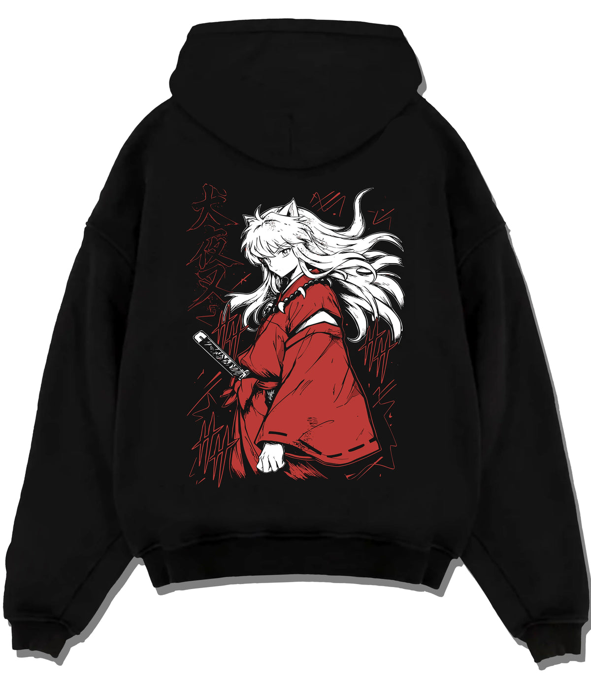 Black hoodie flat back view showing Inuyasha: white-haired swordsman in red robe