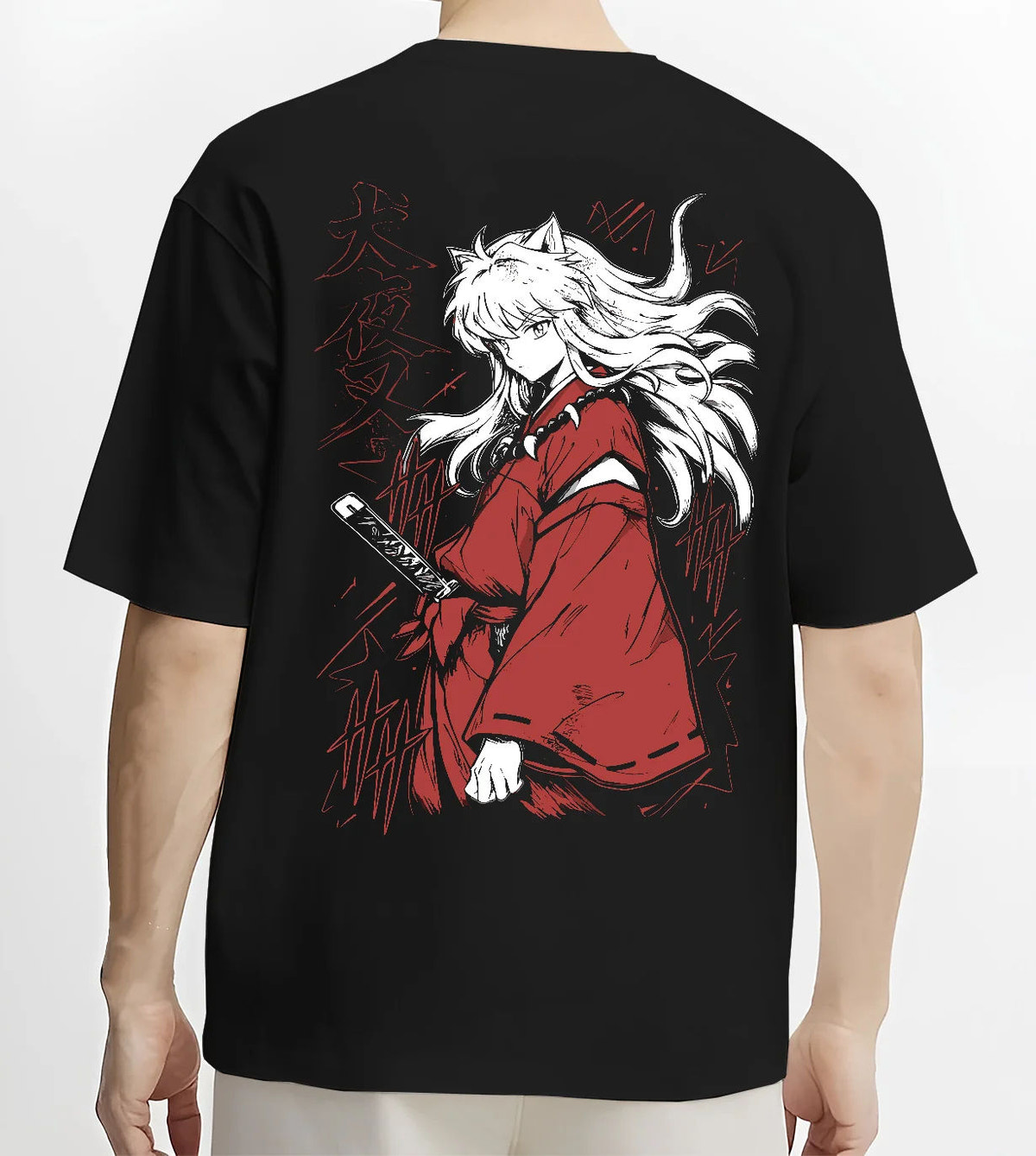 Black T-shirt model back view showing Inuyasha: white-haired swordsman in red robe