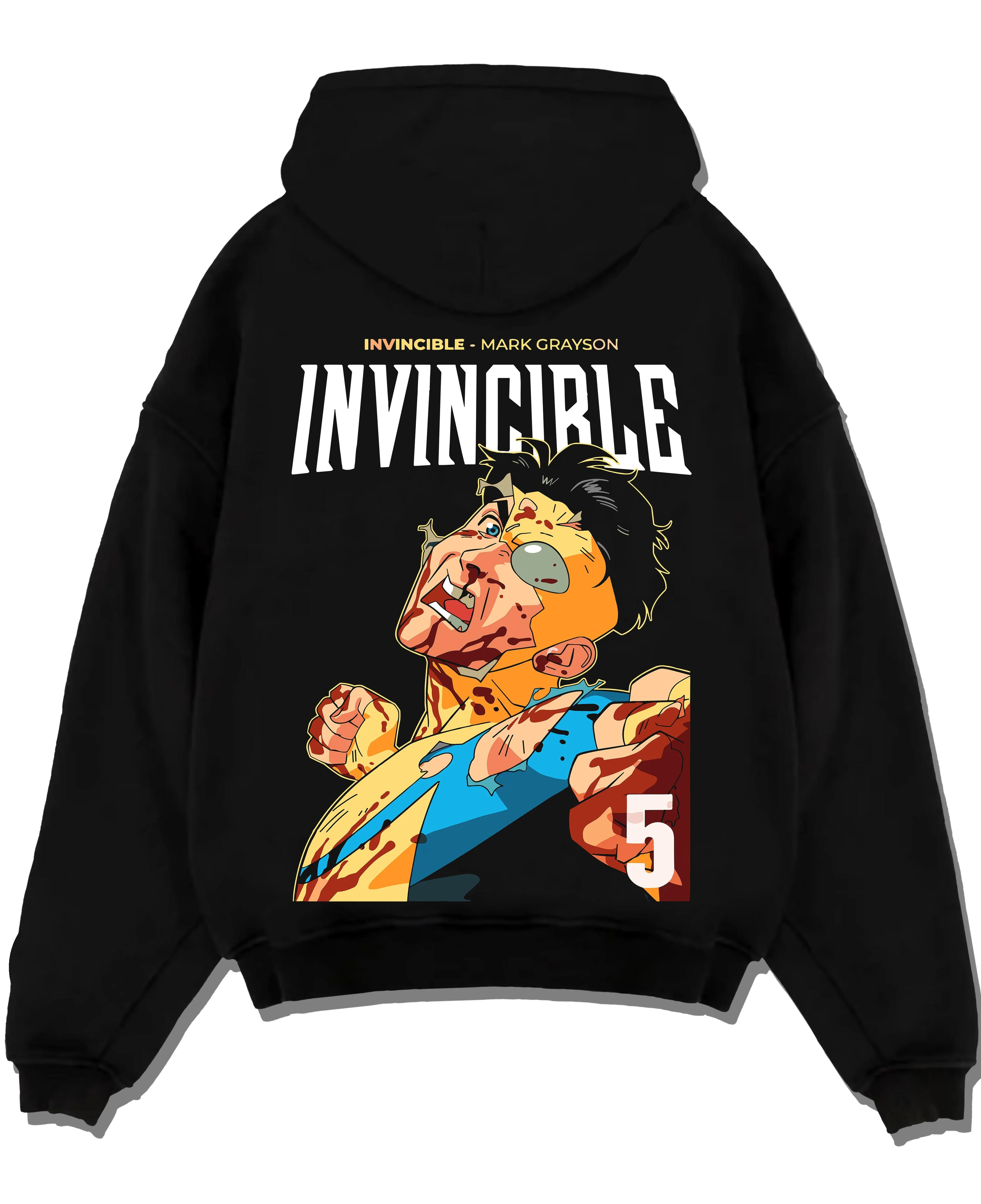 Black pullover hoodie laid flat with Invincible Hoodie Mark Grayson Battle Damage Jumper graphic streetwear graphic.