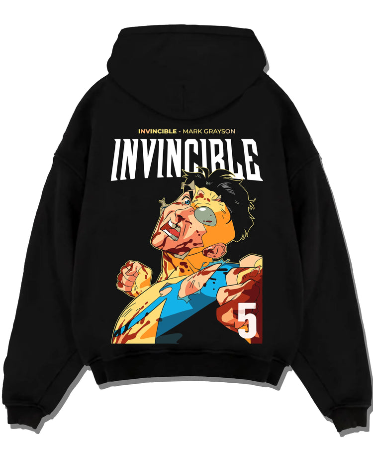 Black pullover hoodie laid flat with Invincible Hoodie Mark Grayson Battle Damage Jumper graphic streetwear graphic.