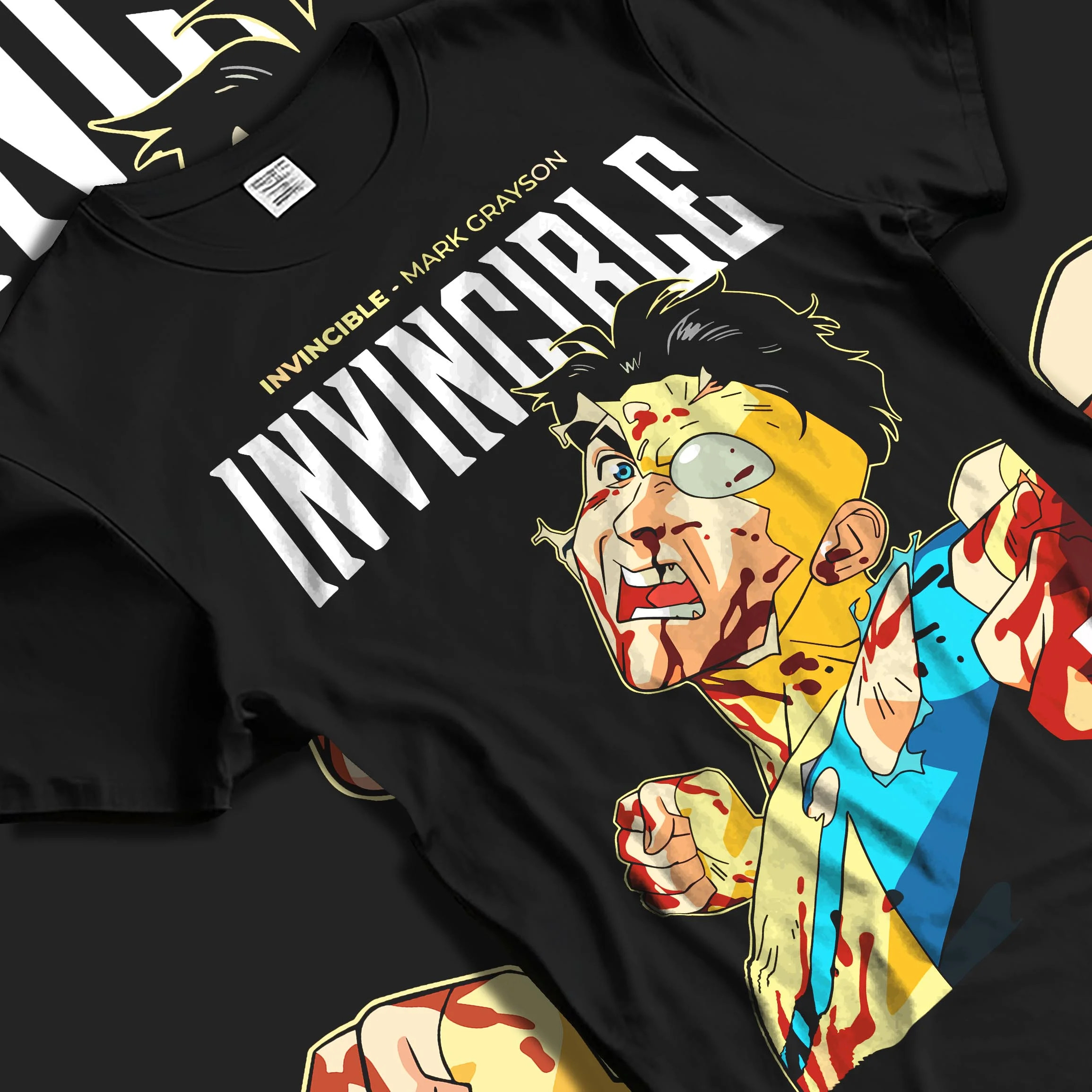 Black T-shirt laid flat with natural folds with Invincible Hoodie Mark Grayson Battle Damage Jumper graphic premium wear.