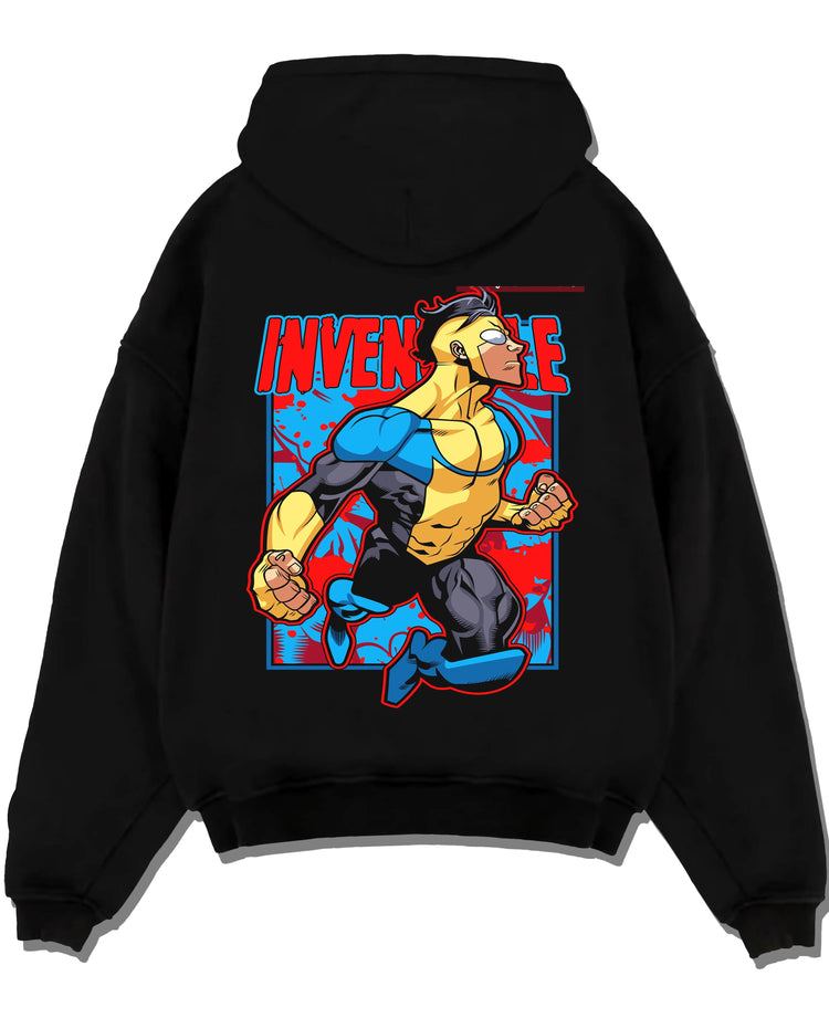 Black pullover hoodie laid flat with Invincible Hoodie Mark Grayson Flying Hero Jumper graphic streetwear graphic.