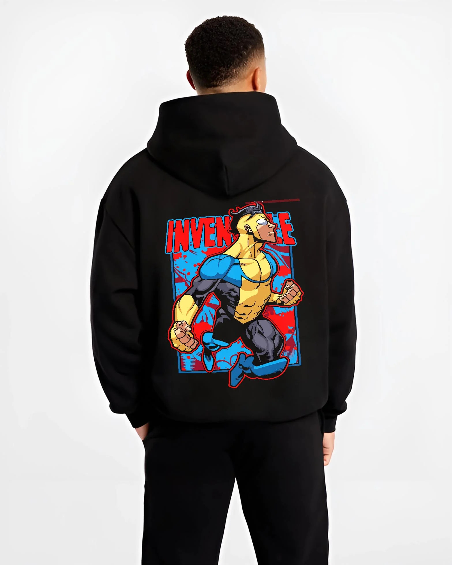 Black hoodie worn by male model, back view with Invincible Hoodie Mark Grayson Flying Hero Jumper graphic premium wear.