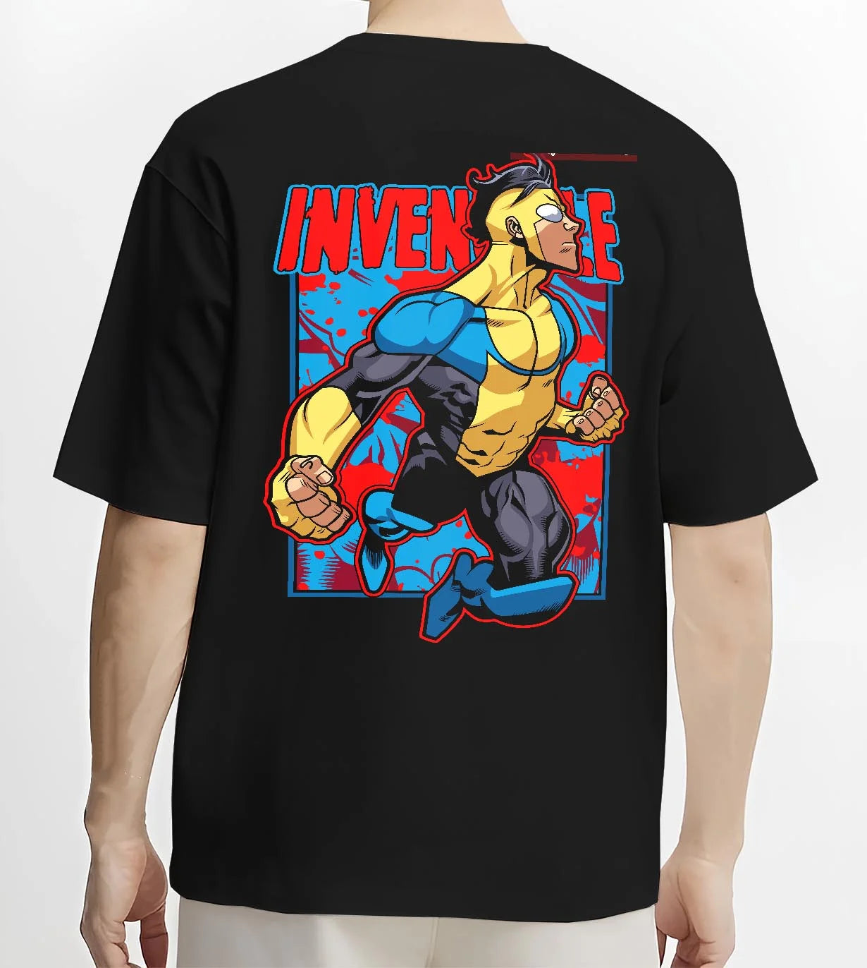 Black T-shirt worn by male model, back view with Invincible Hoodie Mark Grayson Flying Hero Jumper graphic premium wear.