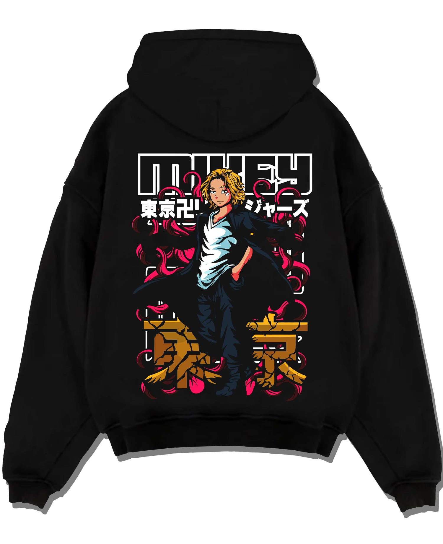 Black pullover hoodie laid flat with Tokyo Revengers Hoodie Manjiro Sano Draken Jumper graphic bold anime graphic.