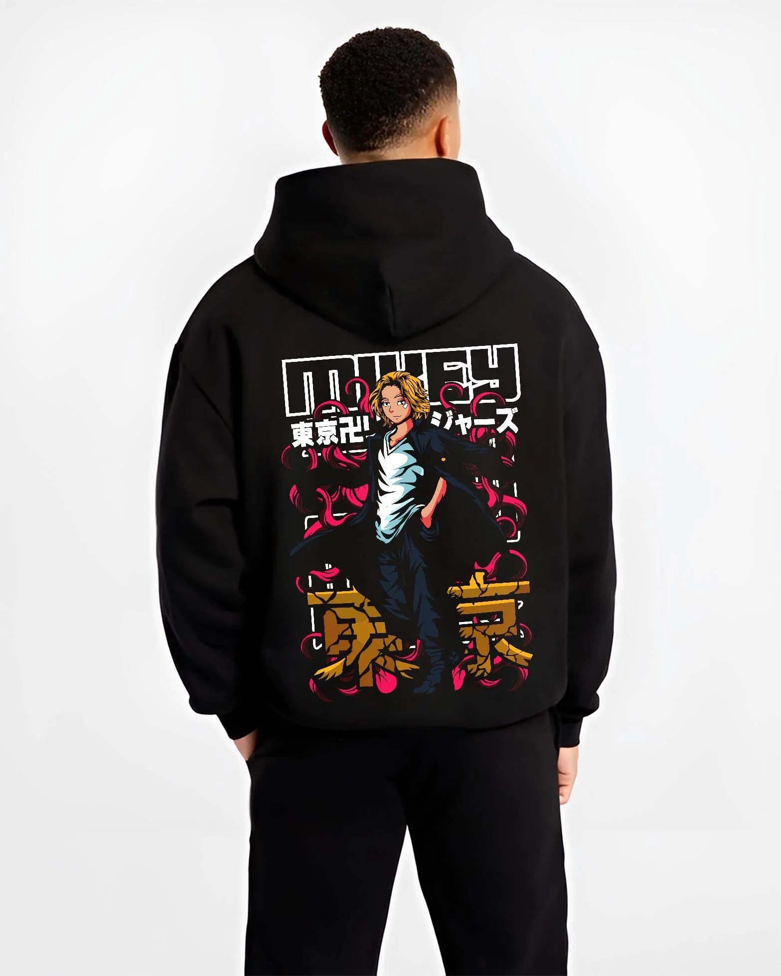 Black hoodie worn by male model, back view with Tokyo Revengers Hoodie Manjiro Sano Draken Jumper graphic premium wear.