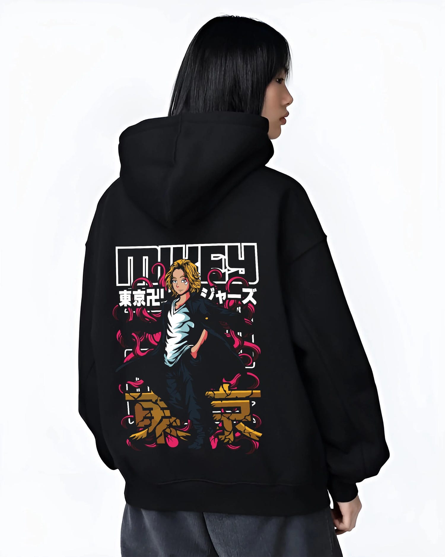 Black hoodie worn by female model, back view with Tokyo Revengers Hoodie Manjiro Sano Draken Jumper graphic streetwear graphic.