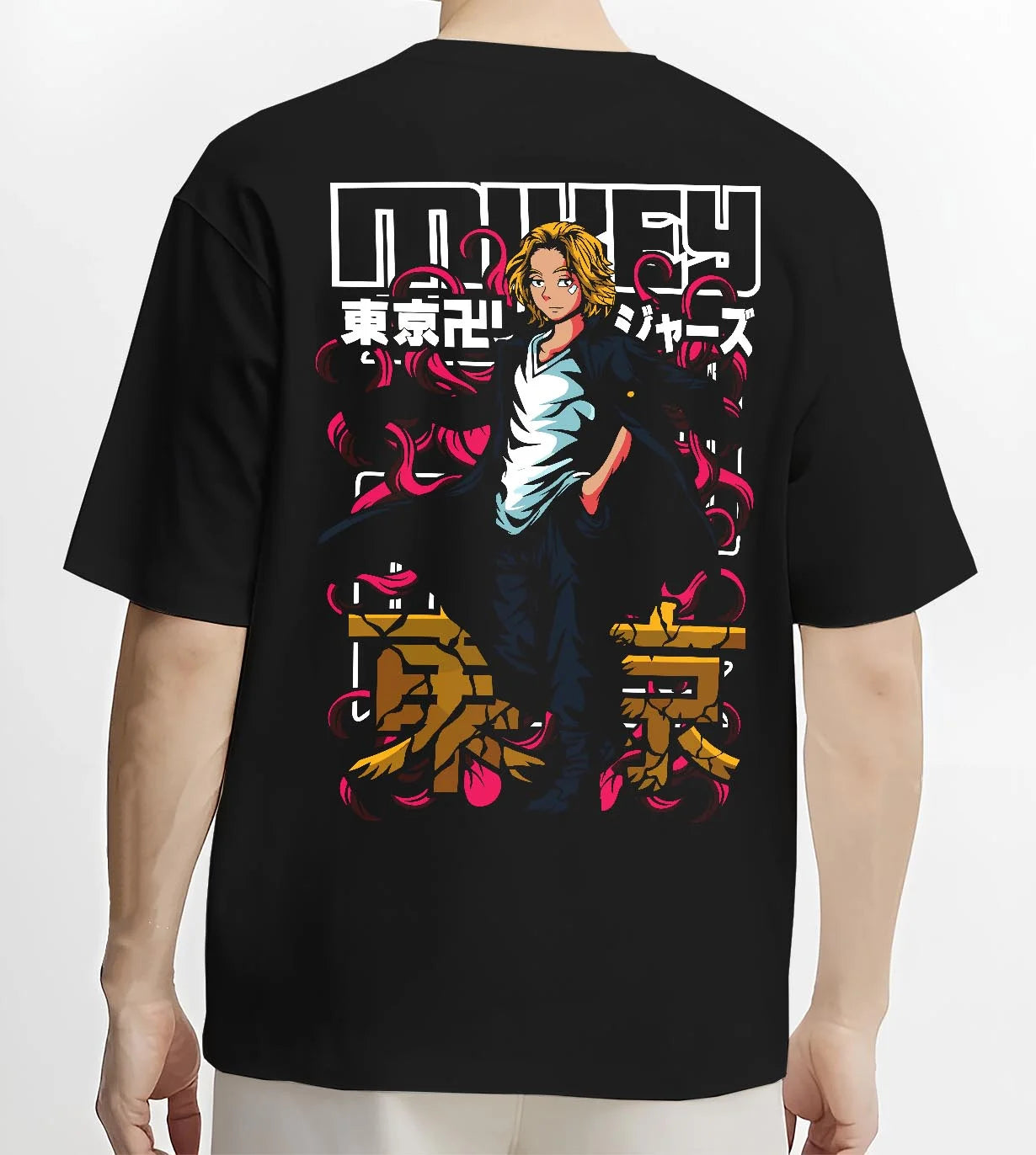 Black T-shirt worn by male model, back view with Tokyo Revengers Hoodie Manjiro Sano Draken Jumper graphic streetwear graphic.