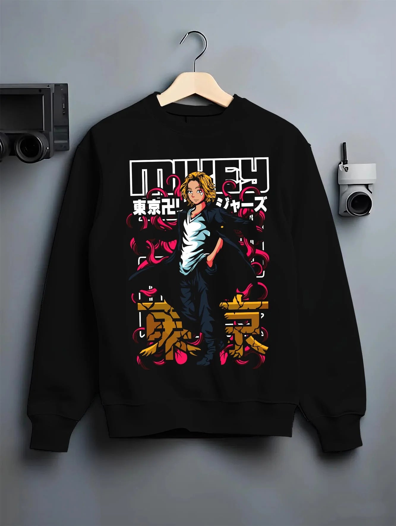 Black crewneck sweatshirt on hanger with Tokyo Revengers Hoodie Manjiro Sano Draken Jumper graphic bold anime graphic.