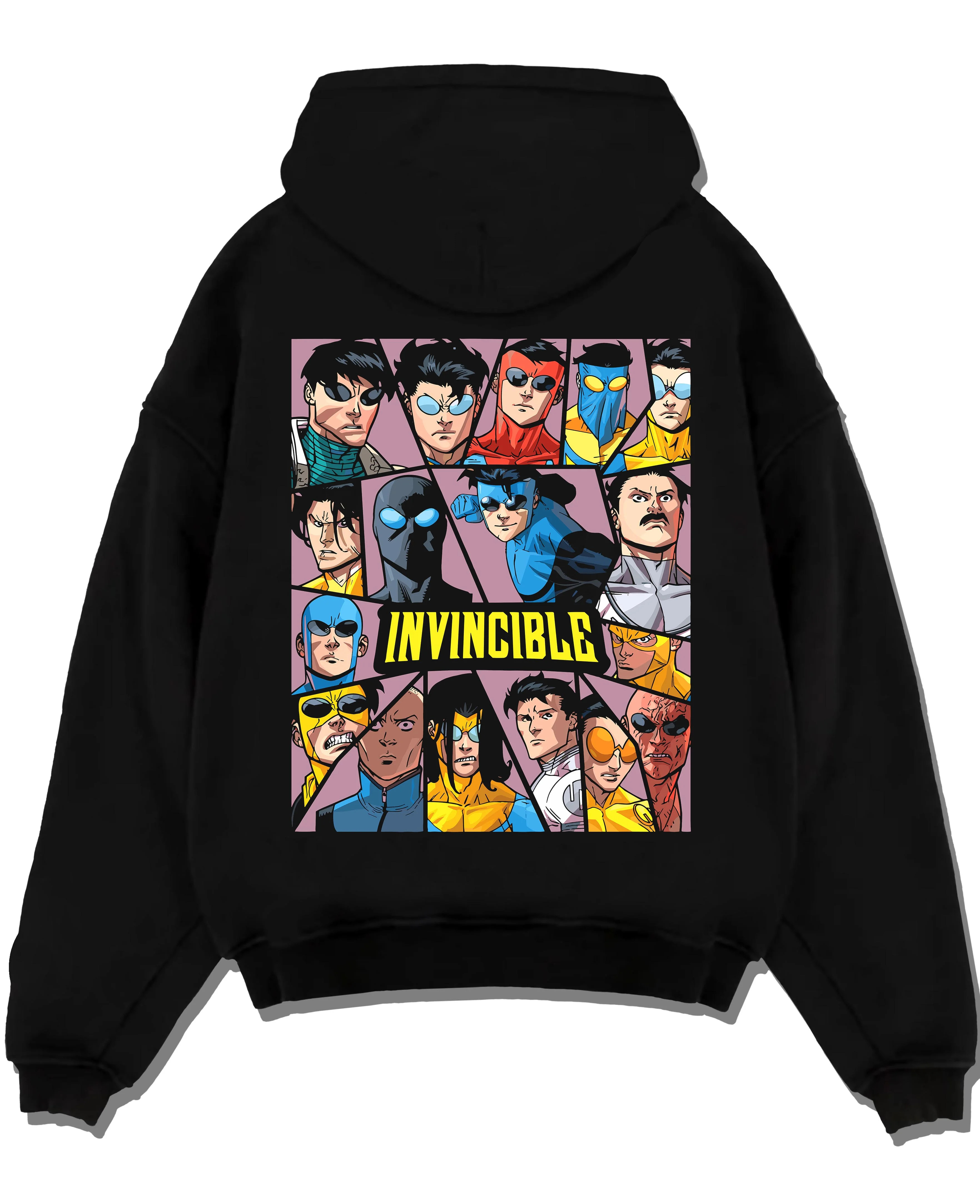 Black pullover hoodie laid flat with Invincible Hoodie Mark Grayson Team Logo Jumper graphic premium wear.