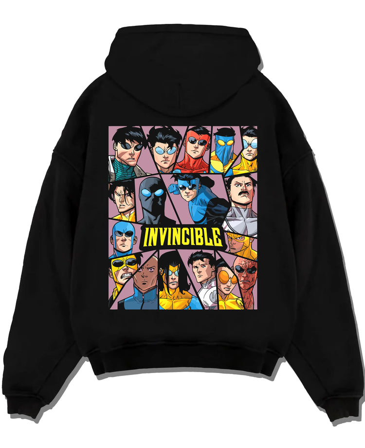 Black pullover hoodie laid flat with Invincible Hoodie Mark Grayson Team Logo Jumper graphic premium wear.