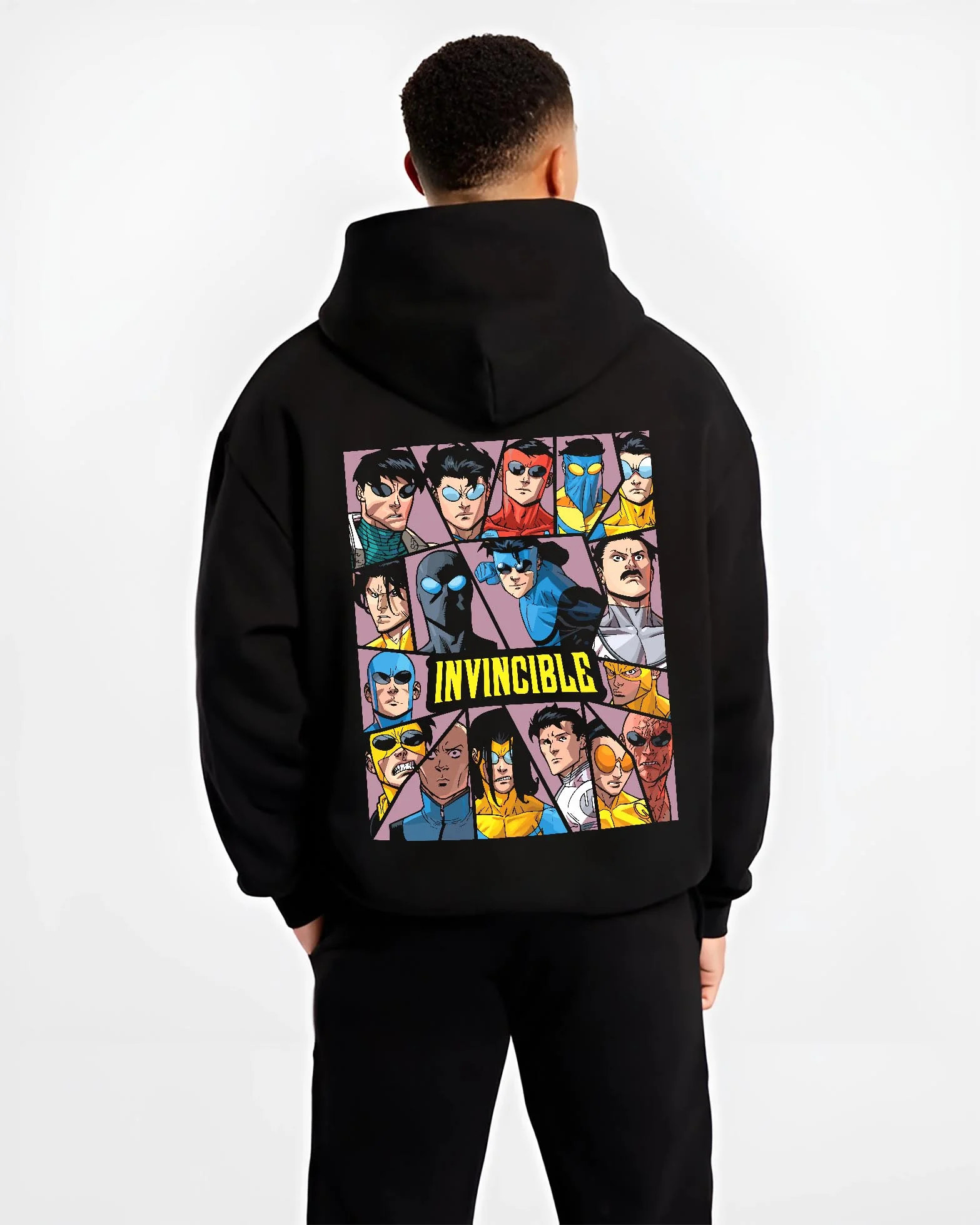 Black hoodie worn by male model, back view with Invincible Hoodie Mark Grayson Team Logo Jumper graphic premium wear.