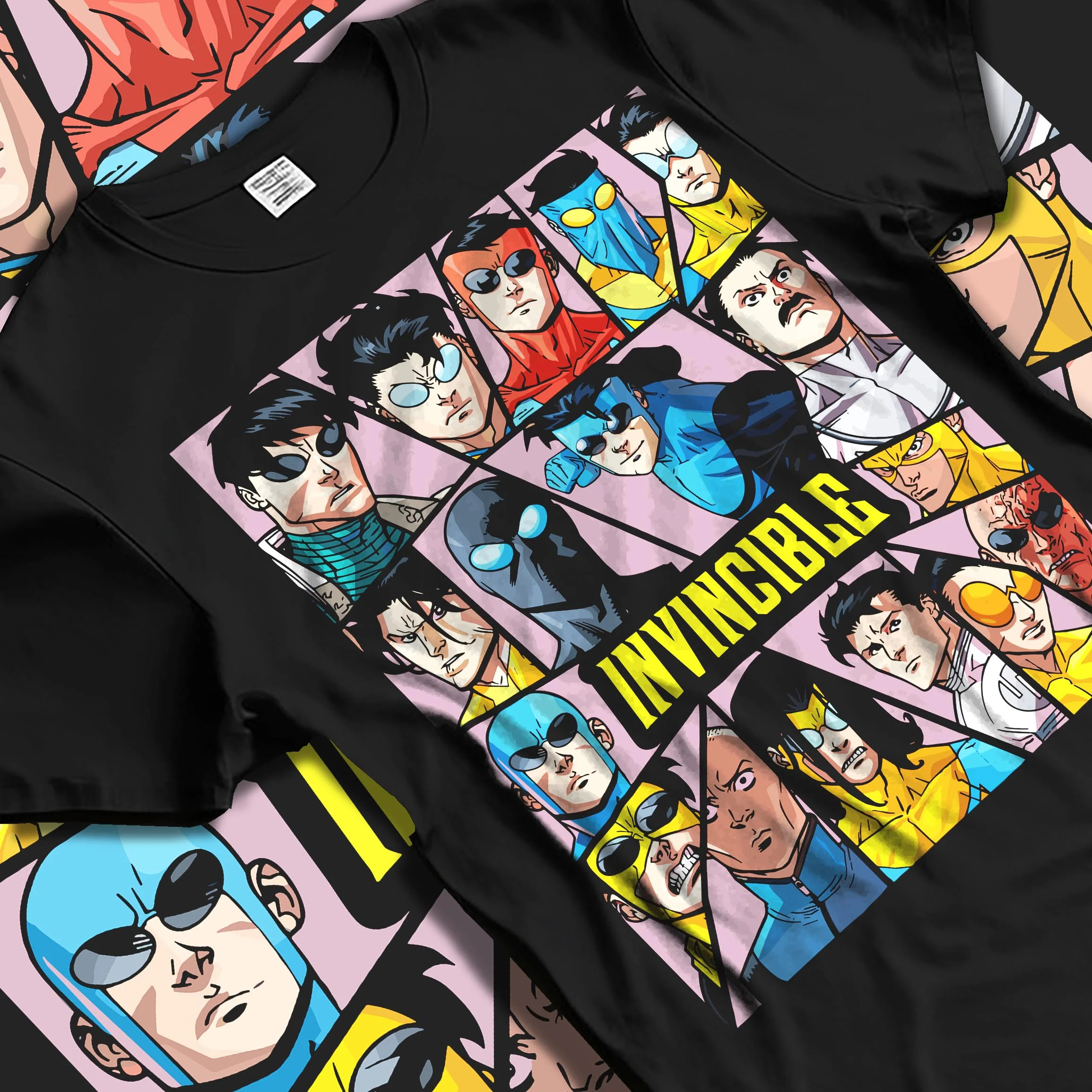 Black T-shirt laid flat with natural folds with Invincible Hoodie Mark Grayson Team Logo Jumper graphic streetwear graphic.