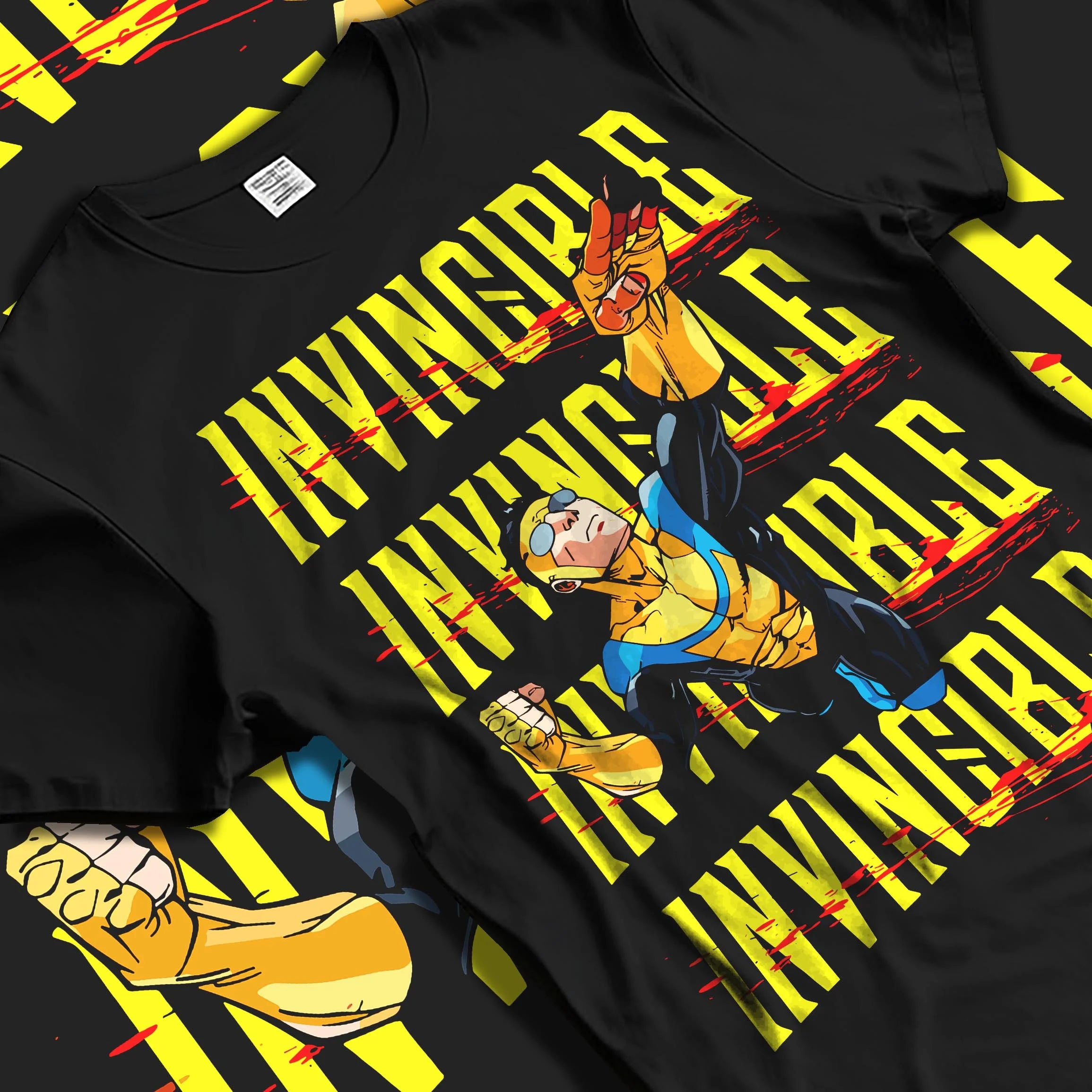 Black T-shirt laid flat with natural folds with Invincible Hoodie Mark Grayson Ultimate Strength Jumper graphic streetwear graphic.