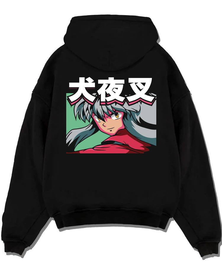 Black pullover hoodie laid flat with Inuyasha Hoodie Inuyasha Fierce Demon Form Jumper graphic premium wear.