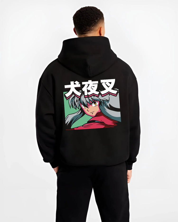 Black hoodie worn by male model, back view with Inuyasha Hoodie Inuyasha Fierce Demon Form Jumper graphic premium wear.