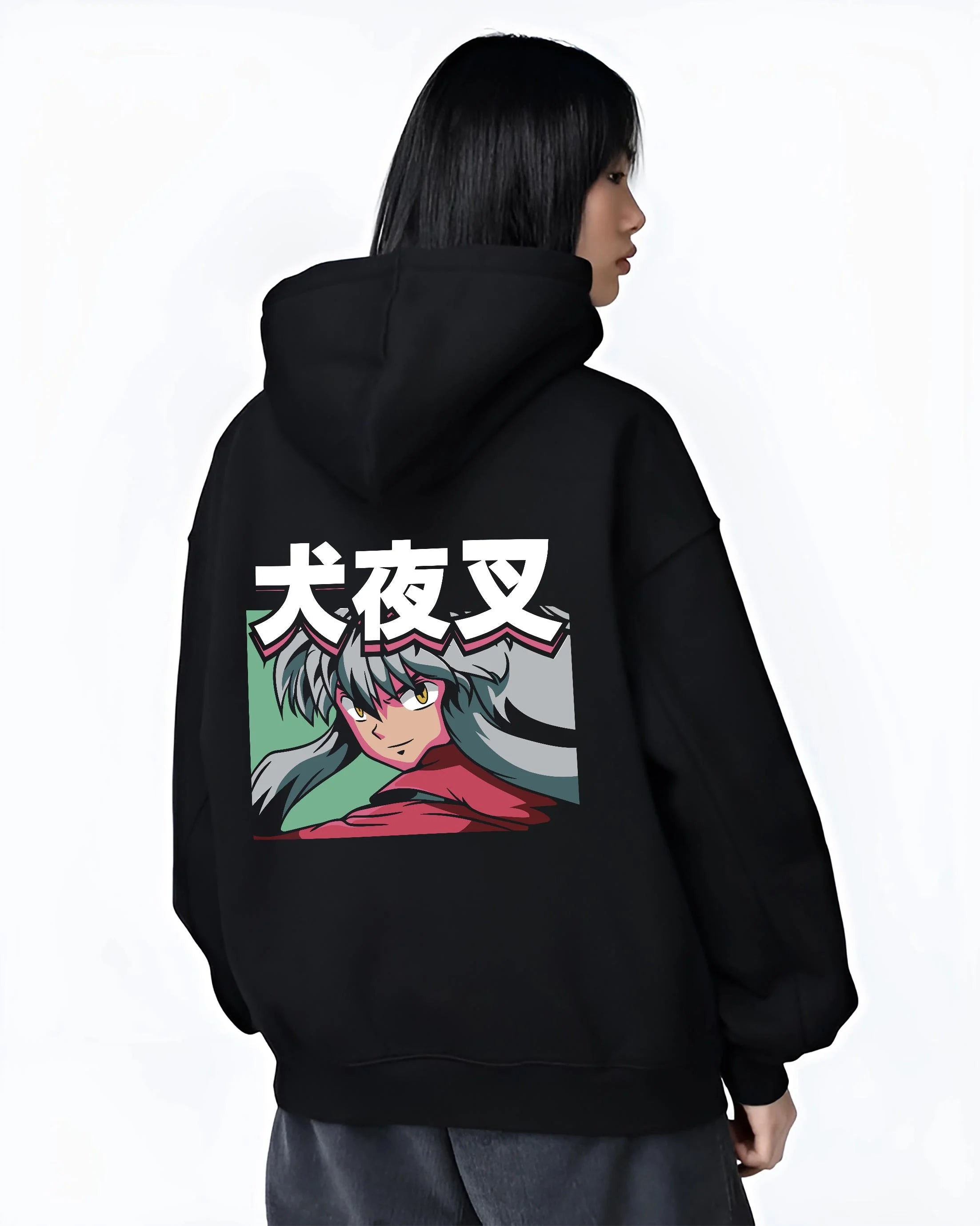 Black hoodie worn by female model, back view with Inuyasha Hoodie Inuyasha Fierce Demon Form Jumper graphic bold anime graphic.