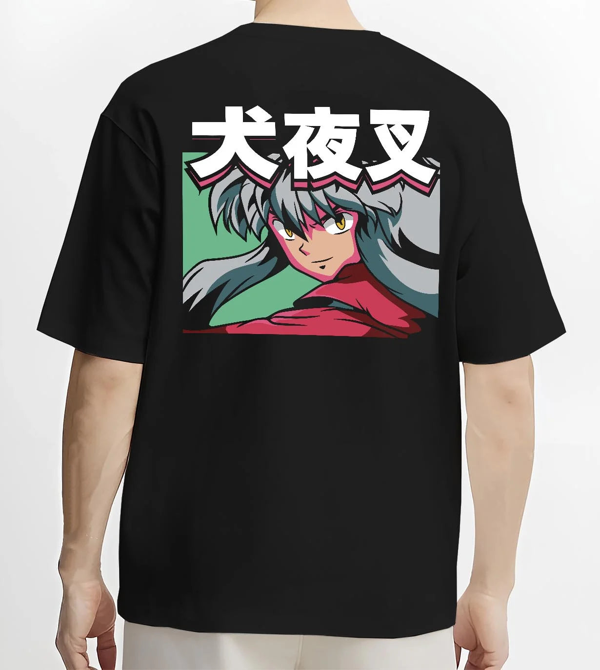 Black T-shirt worn by male model, back view with Inuyasha Hoodie Inuyasha Fierce Demon Form Jumper graphic bold anime graphic.