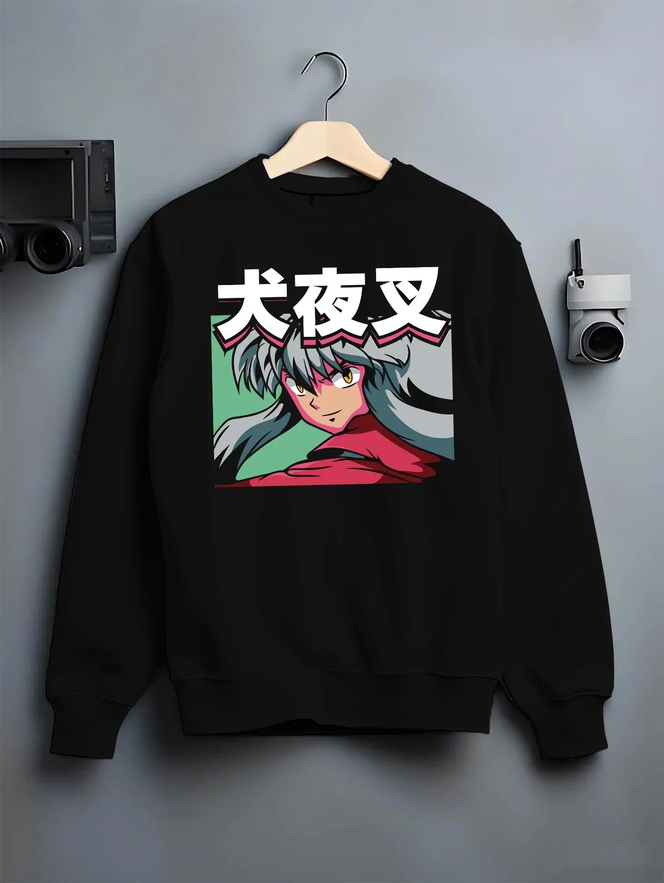 Black crewneck sweatshirt on hanger with Inuyasha Hoodie Inuyasha Fierce Demon Form Jumper graphic premium wear.