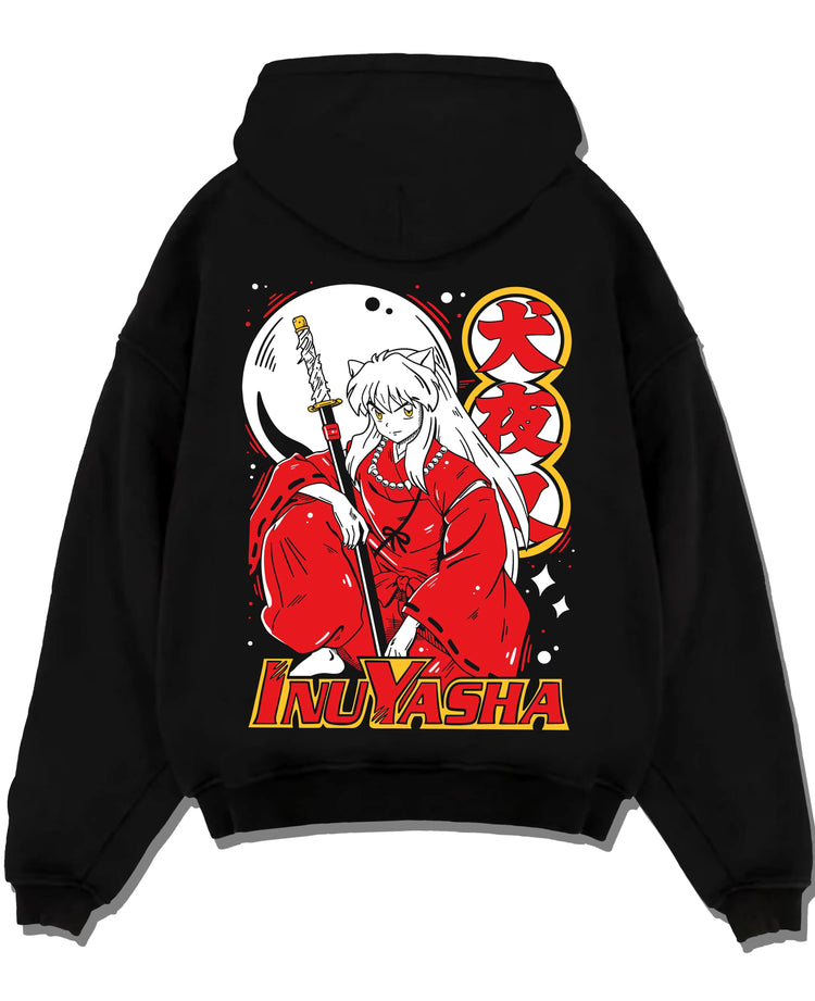 Black pullover hoodie laid flat with Inuyasha Hoodie Inuyasha Half Demon Power Jumper graphic bold anime graphic.