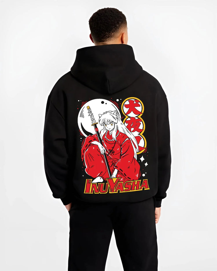 Black hoodie worn by male model, back view with Inuyasha Hoodie Inuyasha Half Demon Power Jumper graphic bold anime graphic.