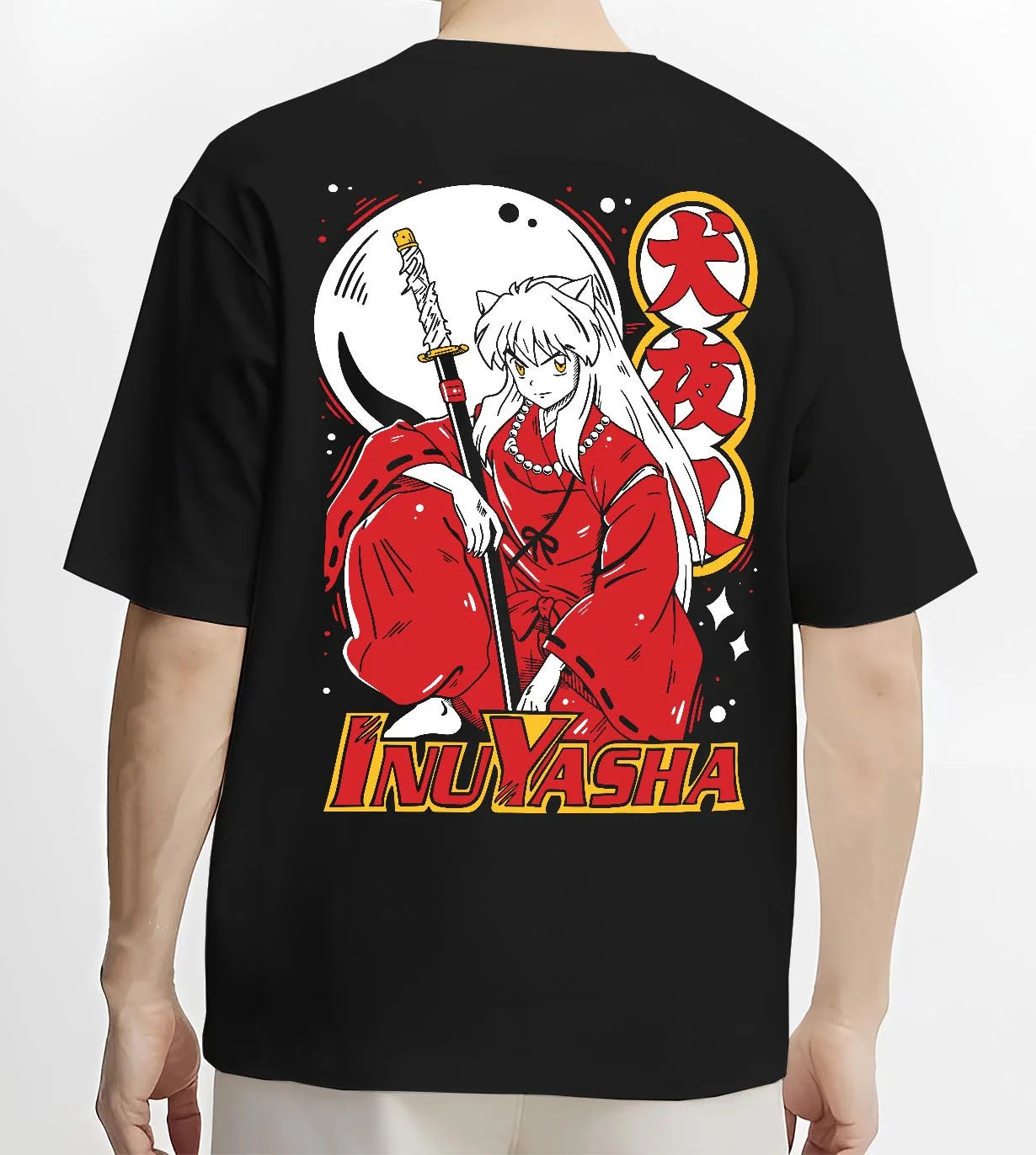 Black T-shirt worn by male model, back view with Inuyasha Hoodie Inuyasha Half Demon Power Jumper graphic bold anime graphic.