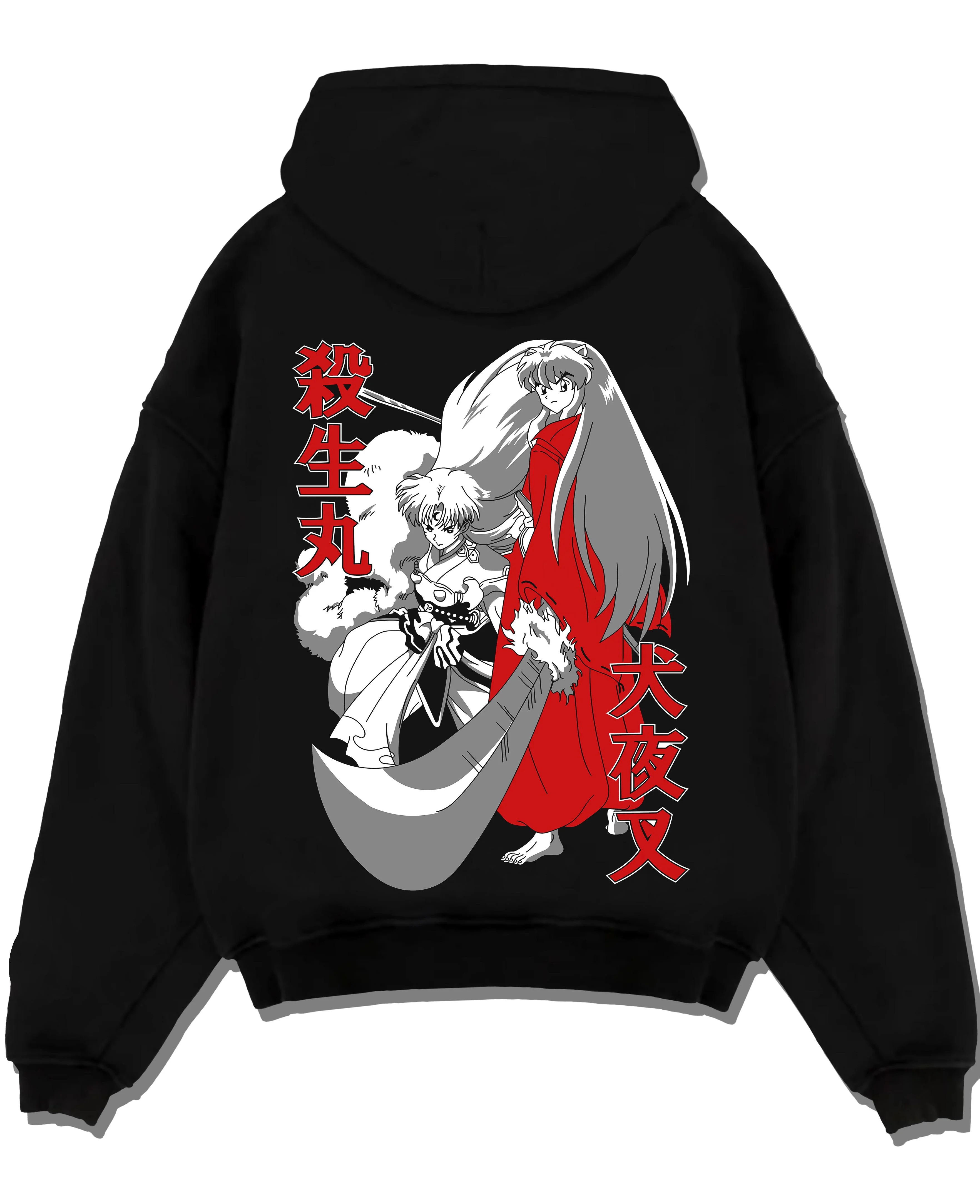Black pullover hoodie laid flat with Inuyasha Hoodie Sesshomaru and Inuyasha Jumper graphic streetwear graphic.