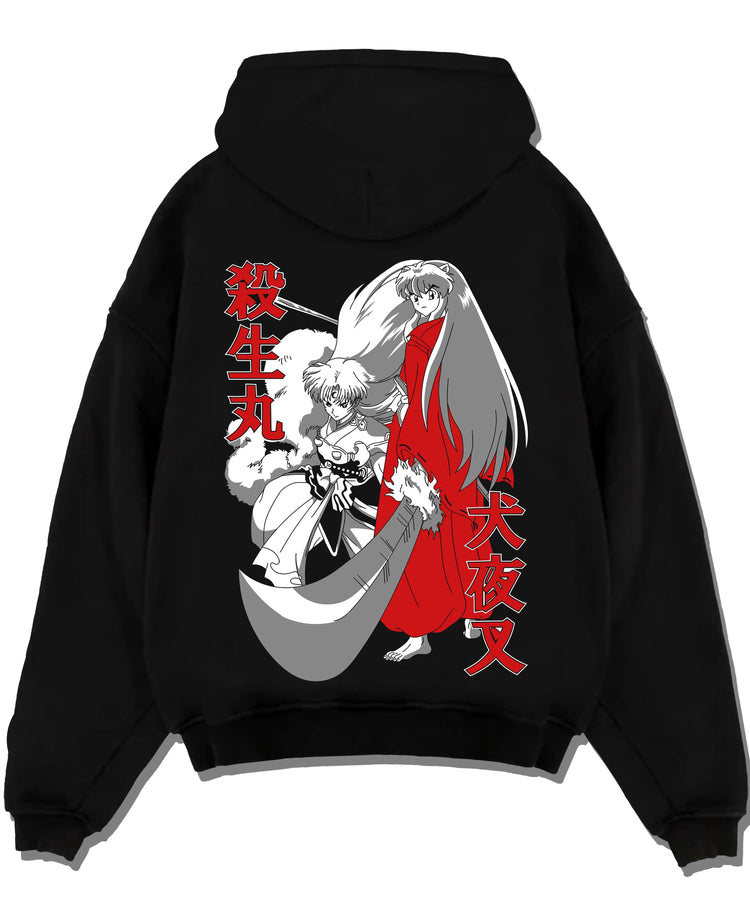 Black pullover hoodie laid flat with Inuyasha Hoodie Sesshomaru and Inuyasha Jumper graphic streetwear graphic.