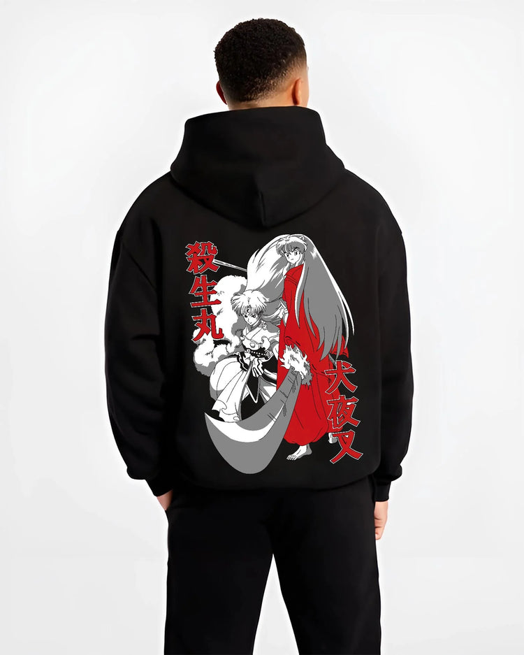 Black hoodie worn by male model, back view with Inuyasha Hoodie Sesshomaru and Inuyasha Jumper graphic premium wear.