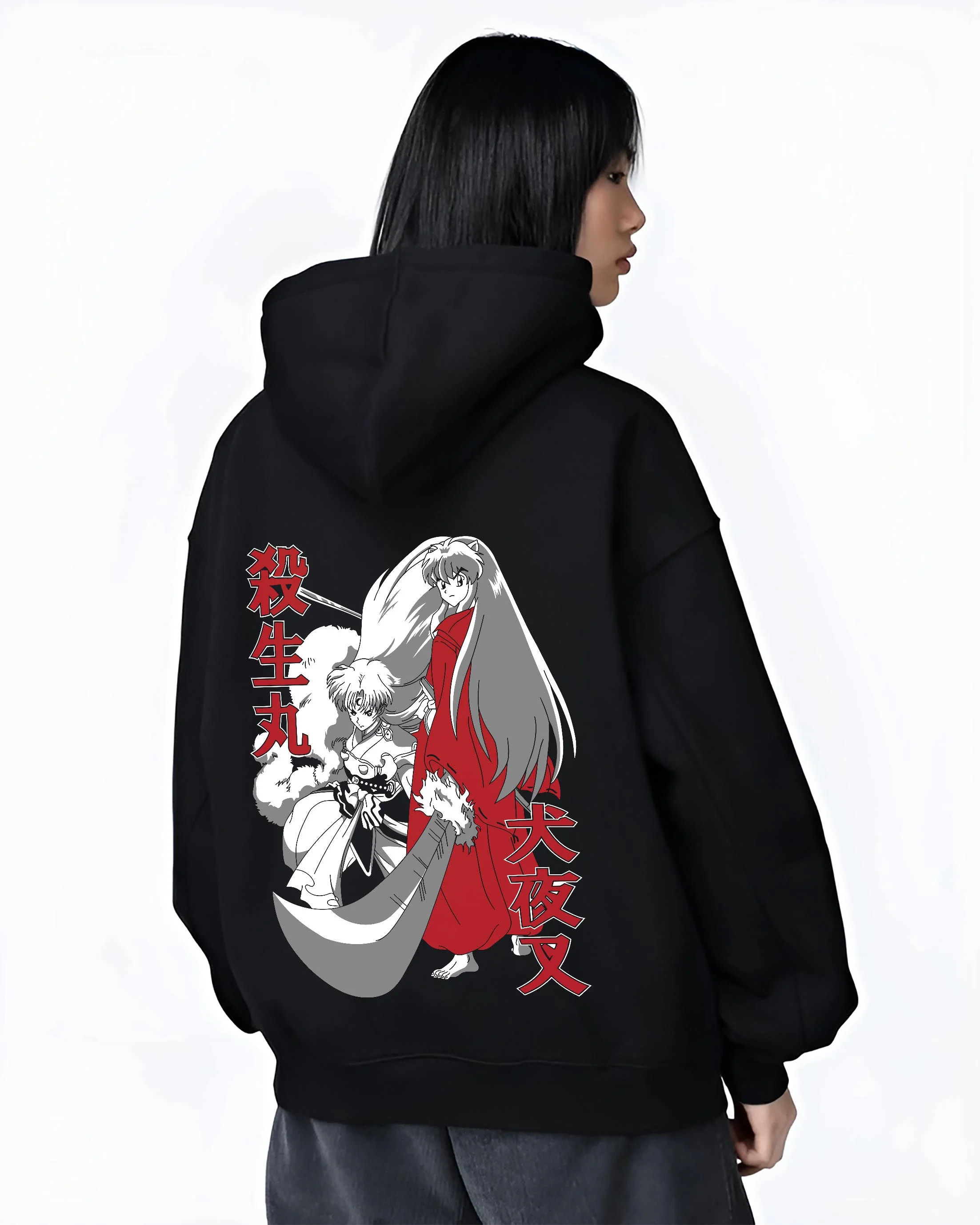 Black hoodie worn by female model, back view with Inuyasha Hoodie Sesshomaru and Inuyasha Jumper graphic streetwear graphic.