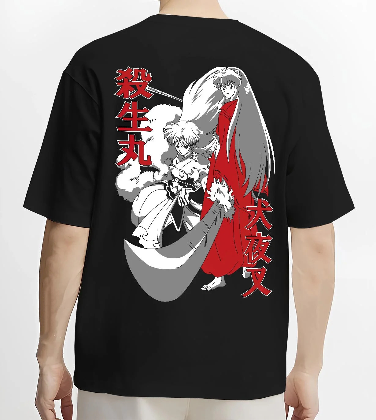 Black T-shirt worn by male model, back view with Inuyasha Hoodie Sesshomaru and Inuyasha Jumper graphic bold anime graphic.