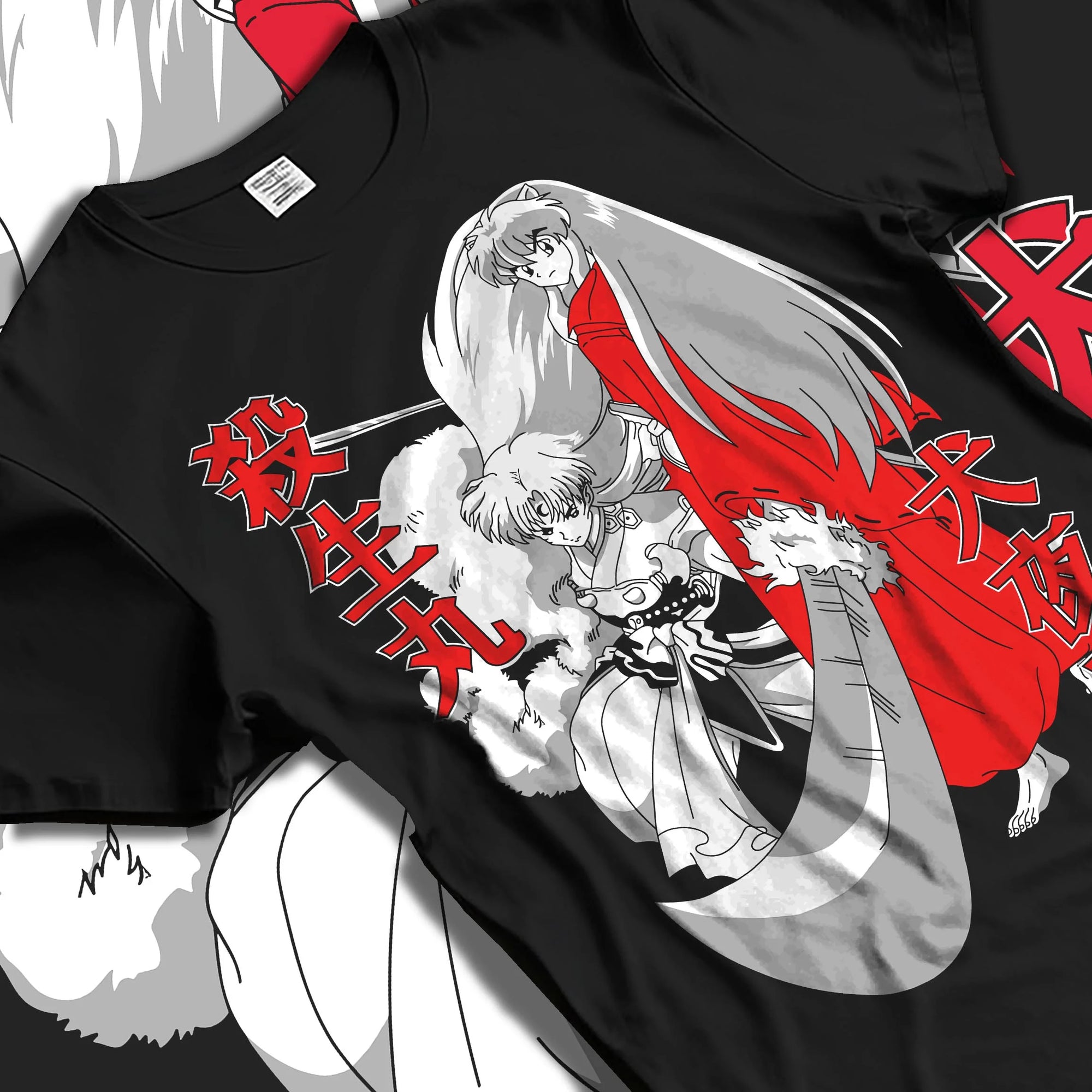 Black T-shirt laid flat with natural folds with Inuyasha Hoodie Sesshomaru and Inuyasha Jumper graphic streetwear graphic.