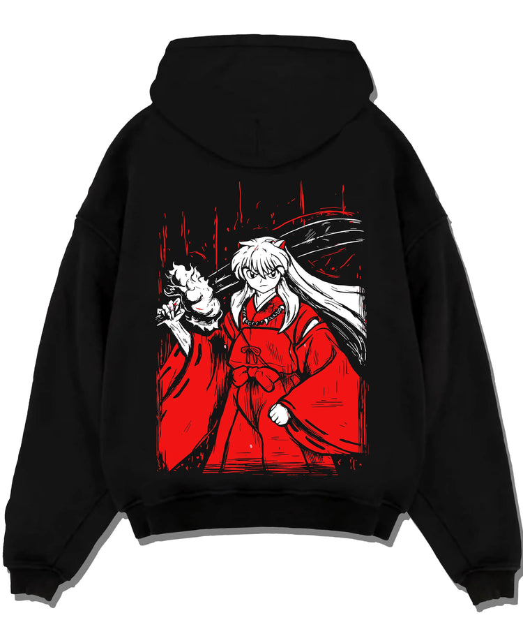 Black pullover hoodie laid flat with Inuyasha Hoodie Inuyasha Sword Master Jumper graphic bold anime graphic.