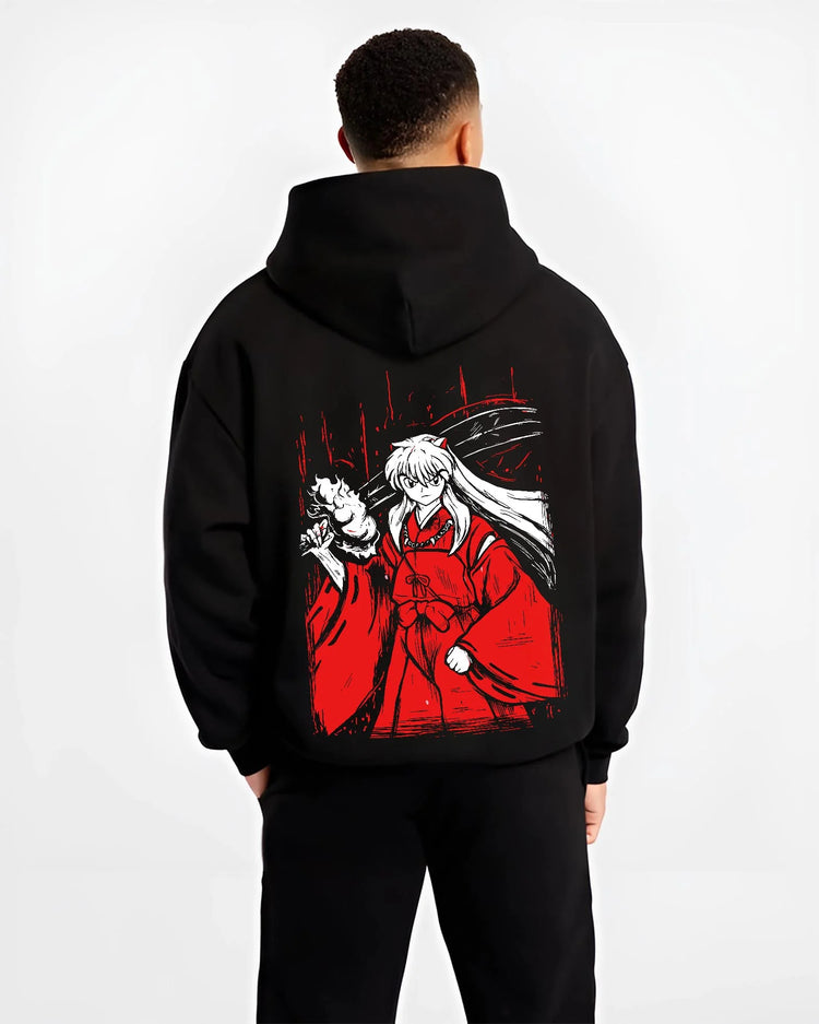 Black hoodie worn by male model, back view with Inuyasha Hoodie Inuyasha Sword Master Jumper graphic premium wear.