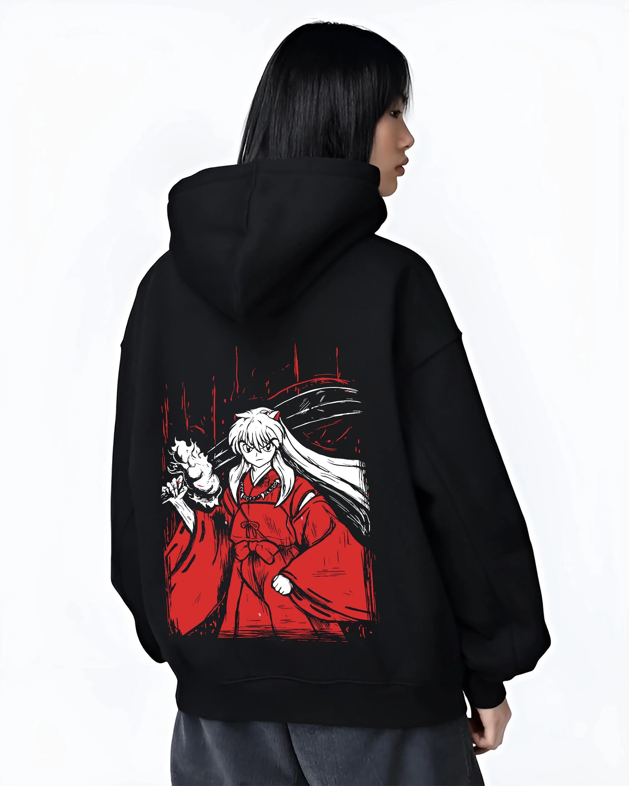 Black hoodie worn by female model, back view with Inuyasha Hoodie Inuyasha Sword Master Jumper graphic premium wear.