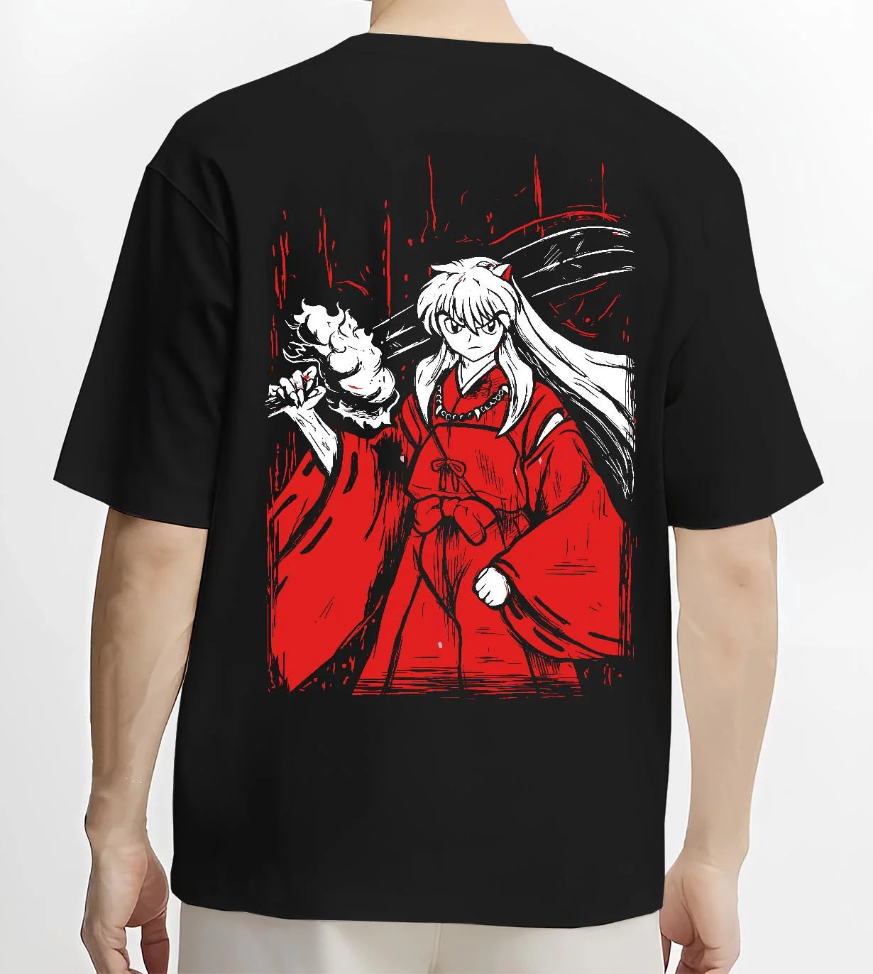Black T-shirt worn by male model, back view with Inuyasha Hoodie Inuyasha Sword Master Jumper graphic premium wear.