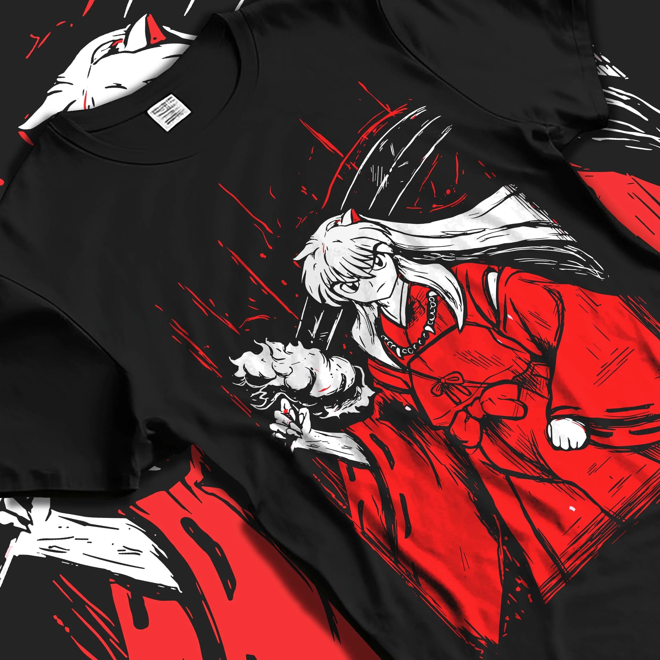 Black T-shirt laid flat with natural folds with Inuyasha Hoodie Inuyasha Sword Master Jumper graphic premium wear.