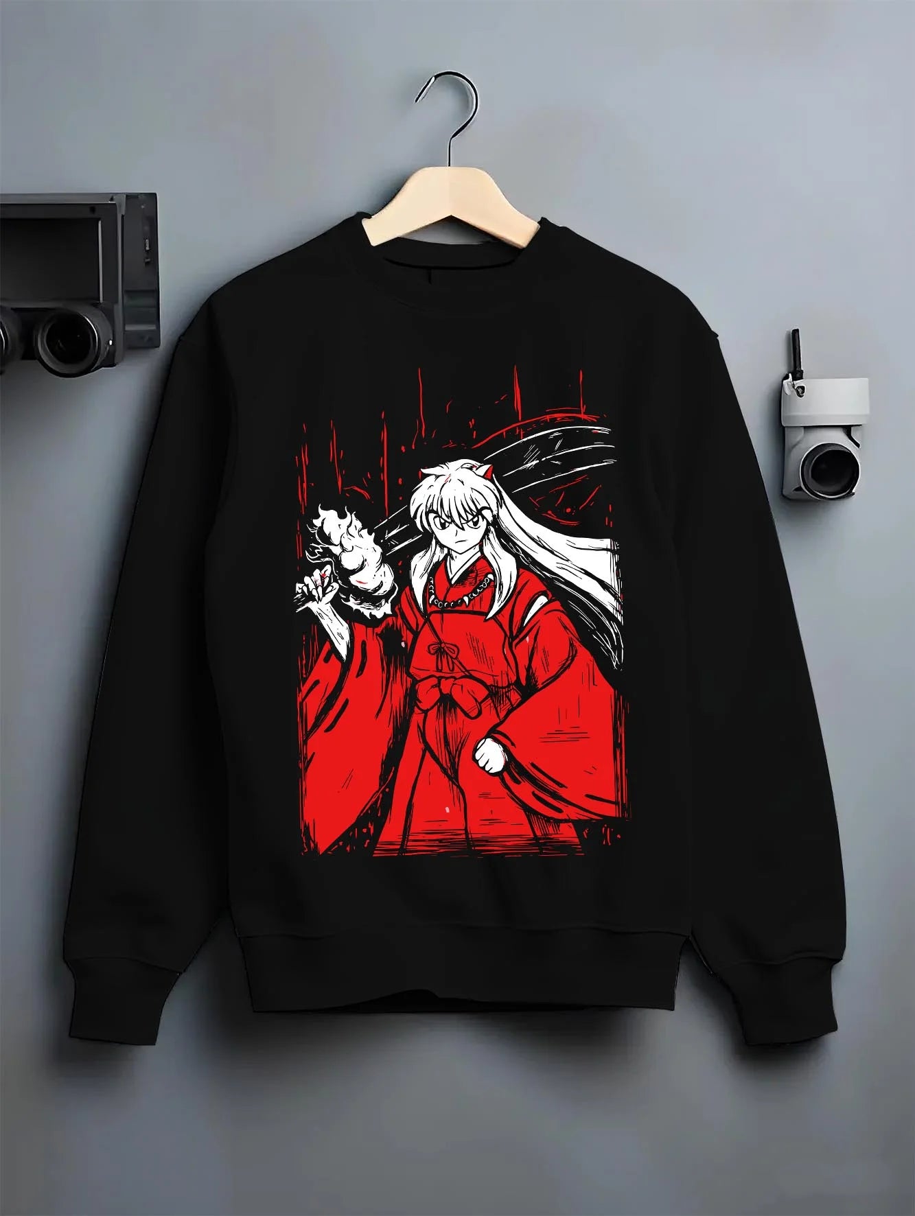 Black crewneck sweatshirt on hanger with Inuyasha Hoodie Inuyasha Sword Master Jumper graphic premium wear.