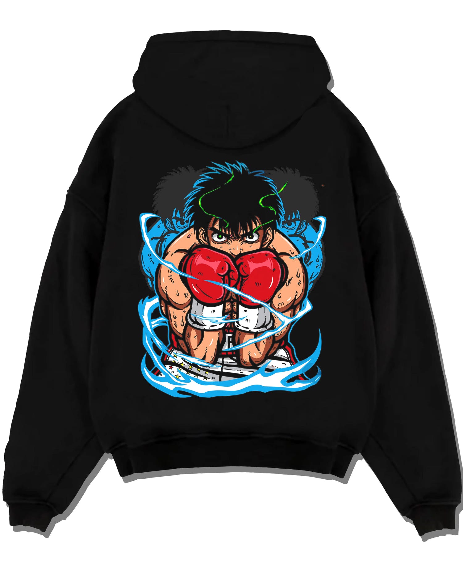 Black pullover hoodie laid flat with Hajime no Ippo Hoodie Ippo Makunouchi Punch Jumper graphic premium wear.