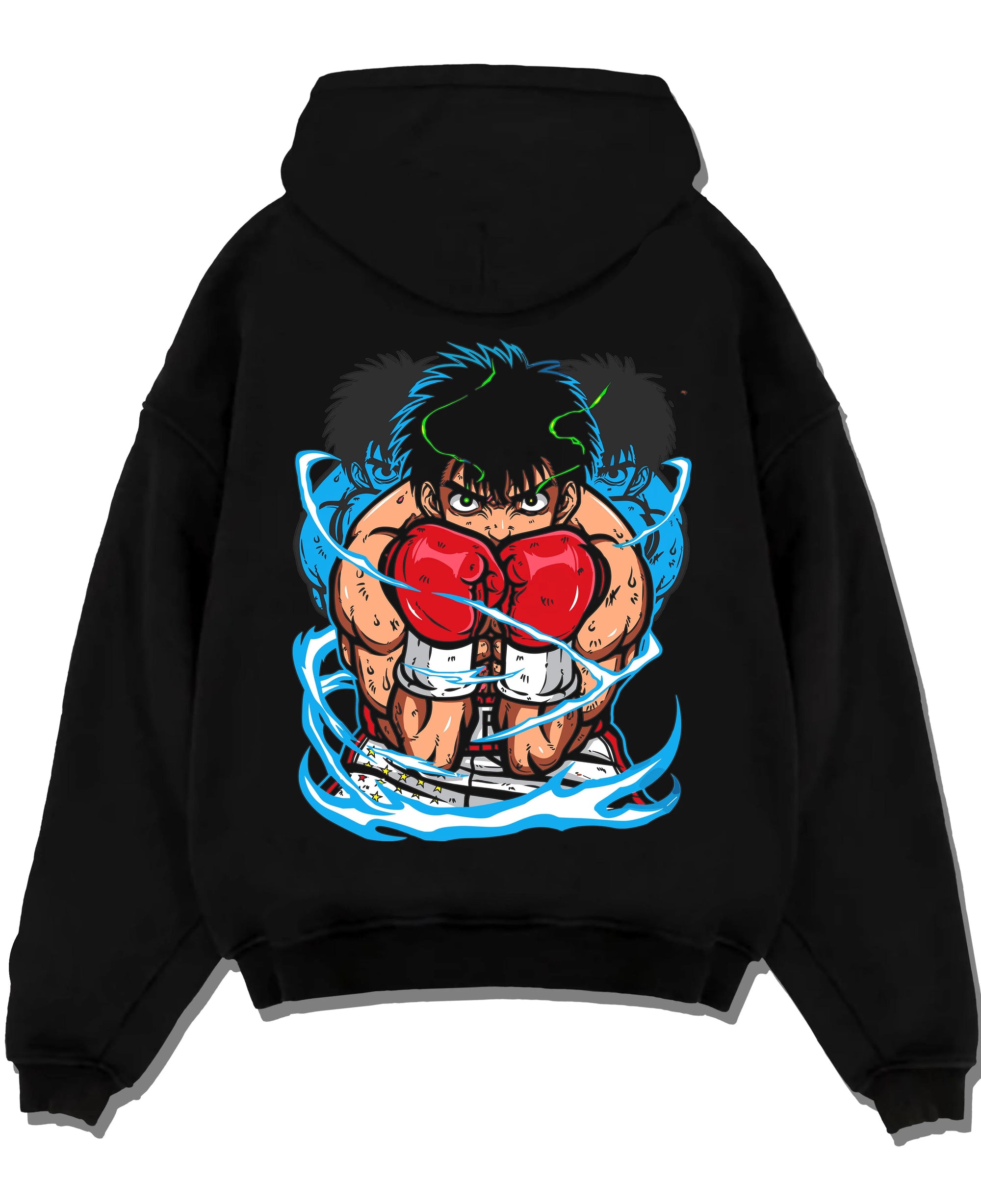 Black pullover hoodie laid flat with Hajime no Ippo Hoodie Ippo Makunouchi Punch Jumper graphic premium wear.