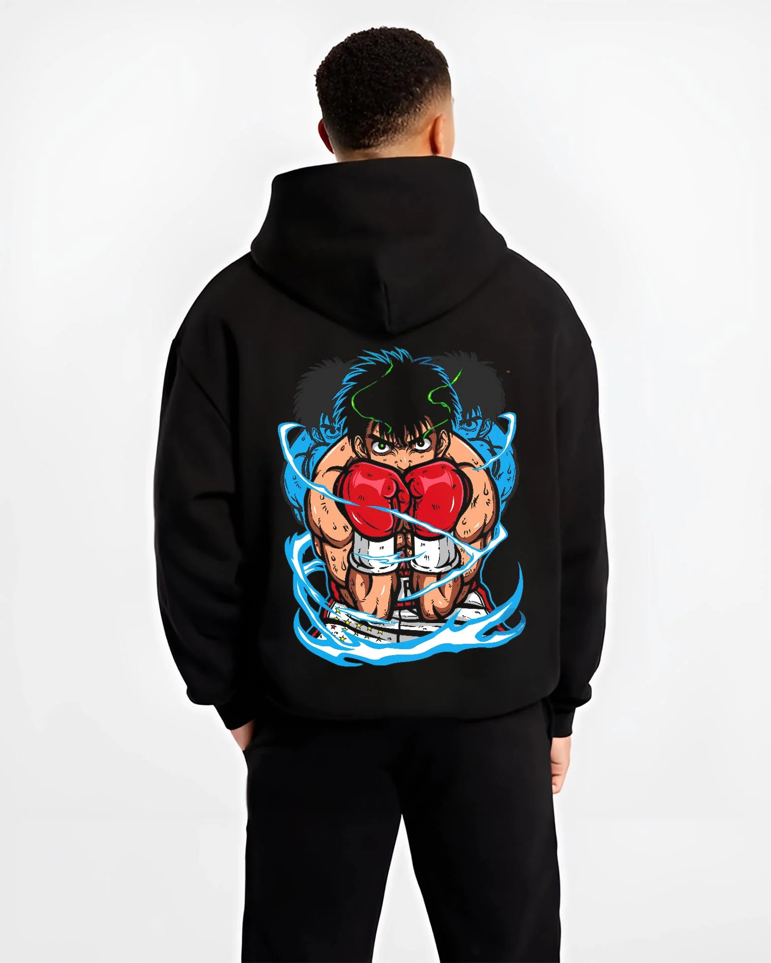 Black hoodie worn by male model, back view with Hajime no Ippo Hoodie Ippo Makunouchi Punch Jumper graphic premium wear.