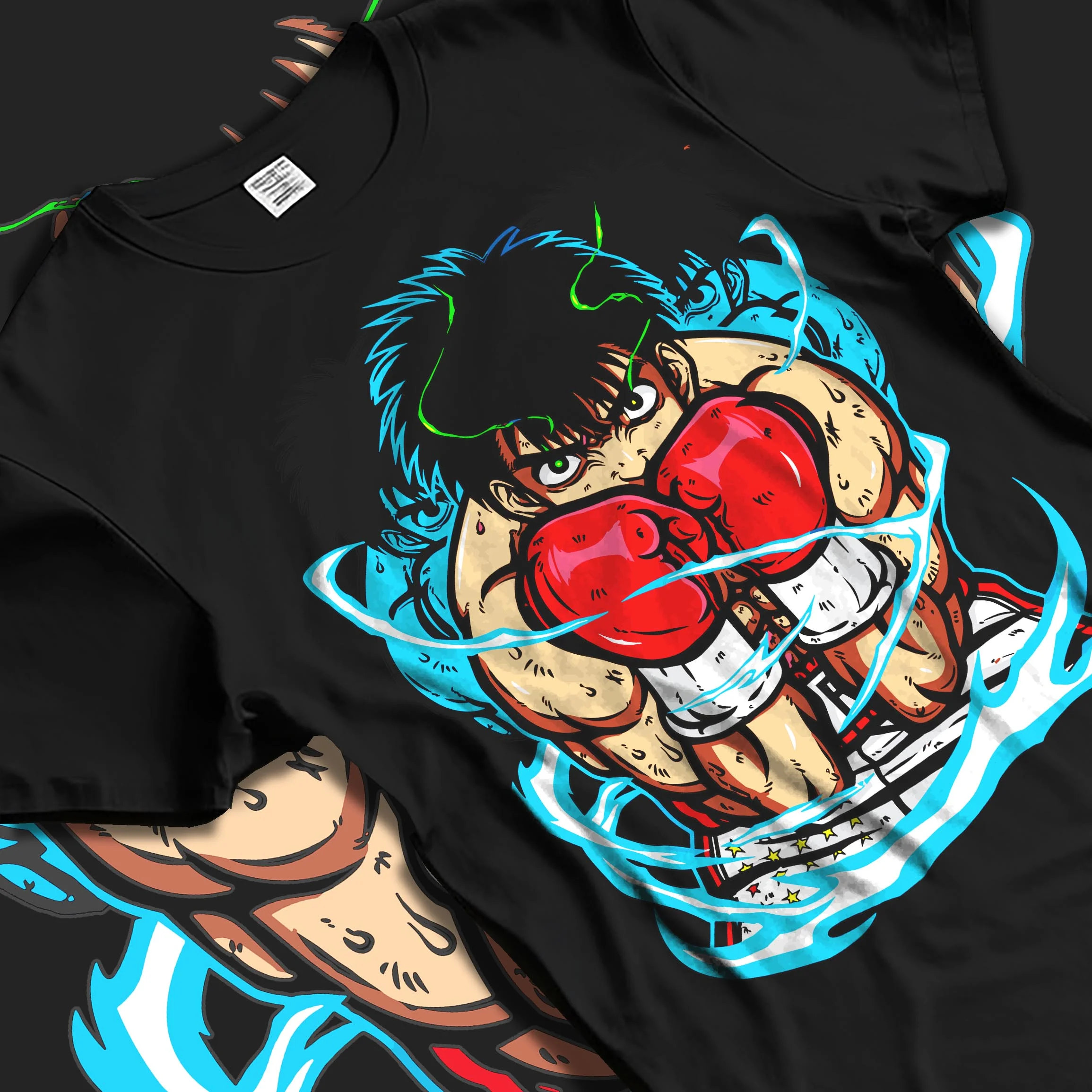 Black T-shirt laid flat with natural folds with Hajime no Ippo Hoodie Ippo Makunouchi Punch Jumper graphic premium wear.