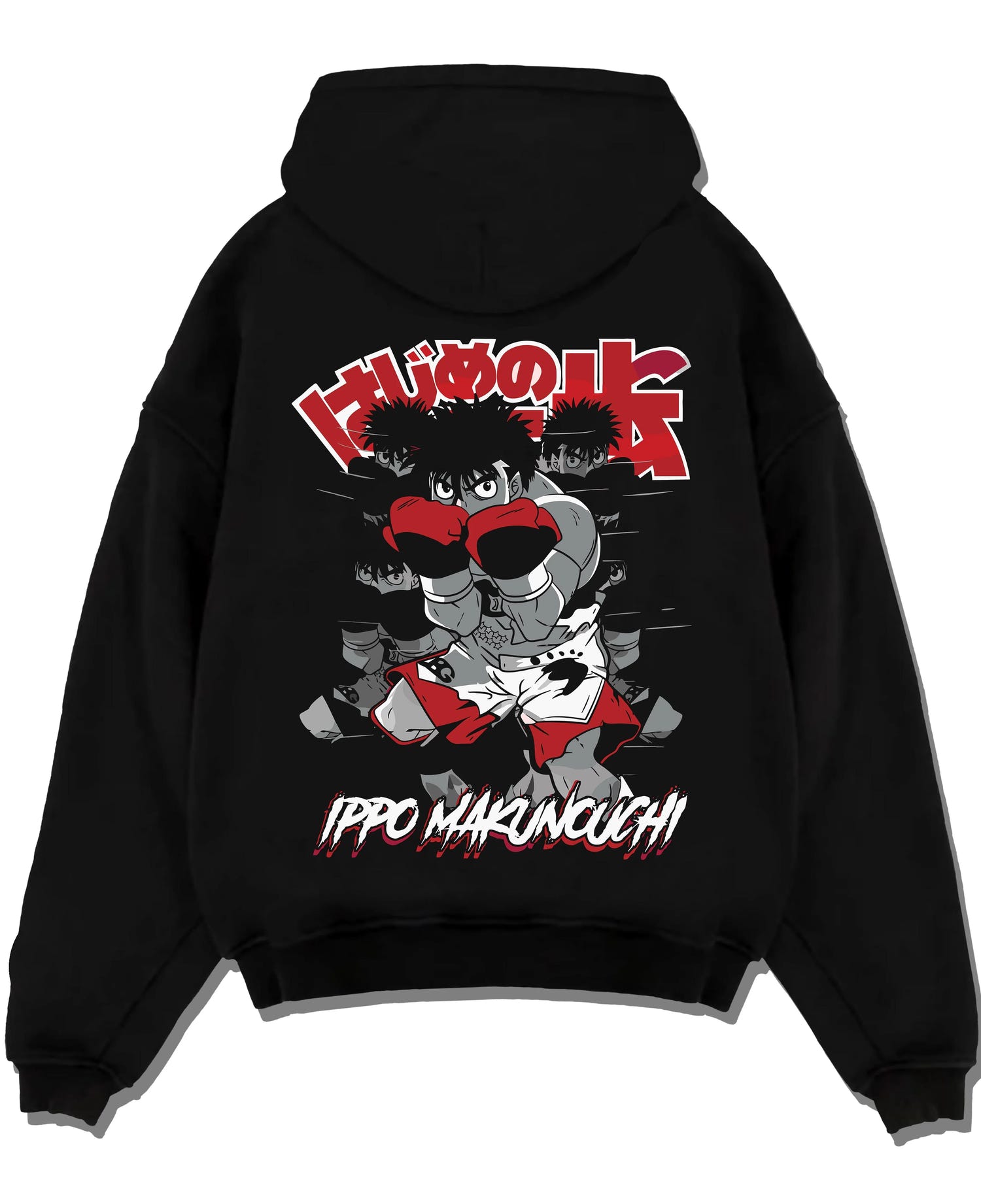 Black pullover hoodie laid flat with Hajime no Ippo Hoodie Ippo Makunouchi Determined Jumper graphic premium wear.