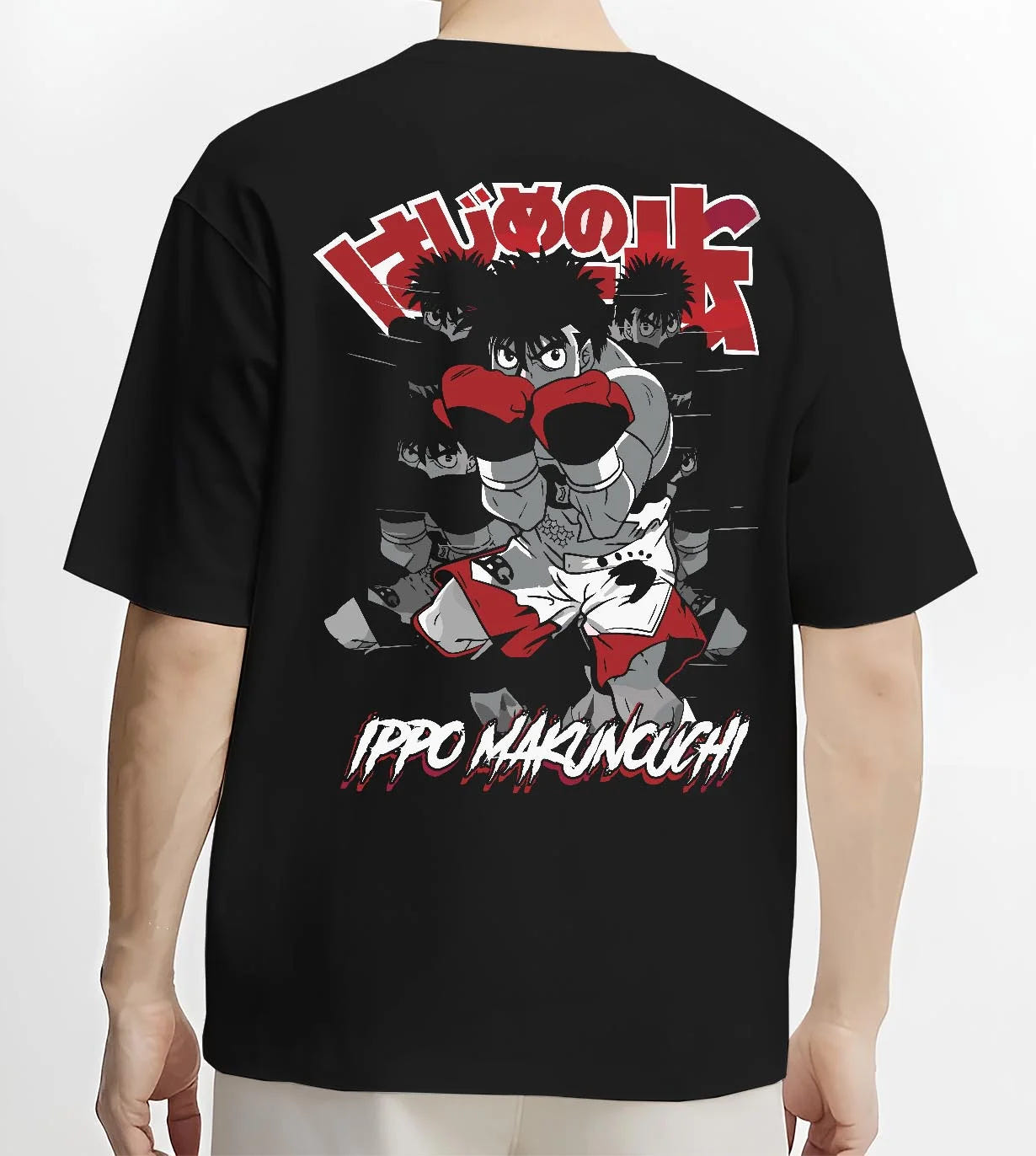 Black T-shirt worn by male model, back view with Hajime no Ippo Hoodie Ippo Makunouchi Determined Jumper graphic premium wear.